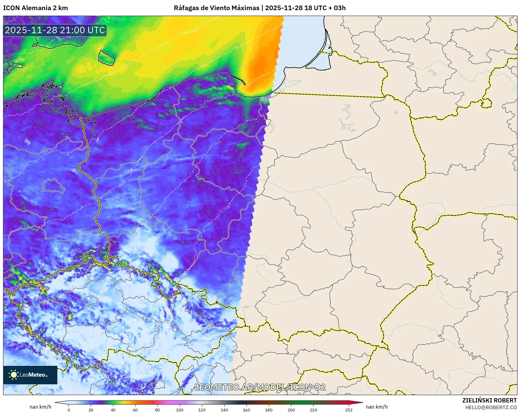ICON Alemania 2 km model - Polonia, Ráfagas de Viento Máximas