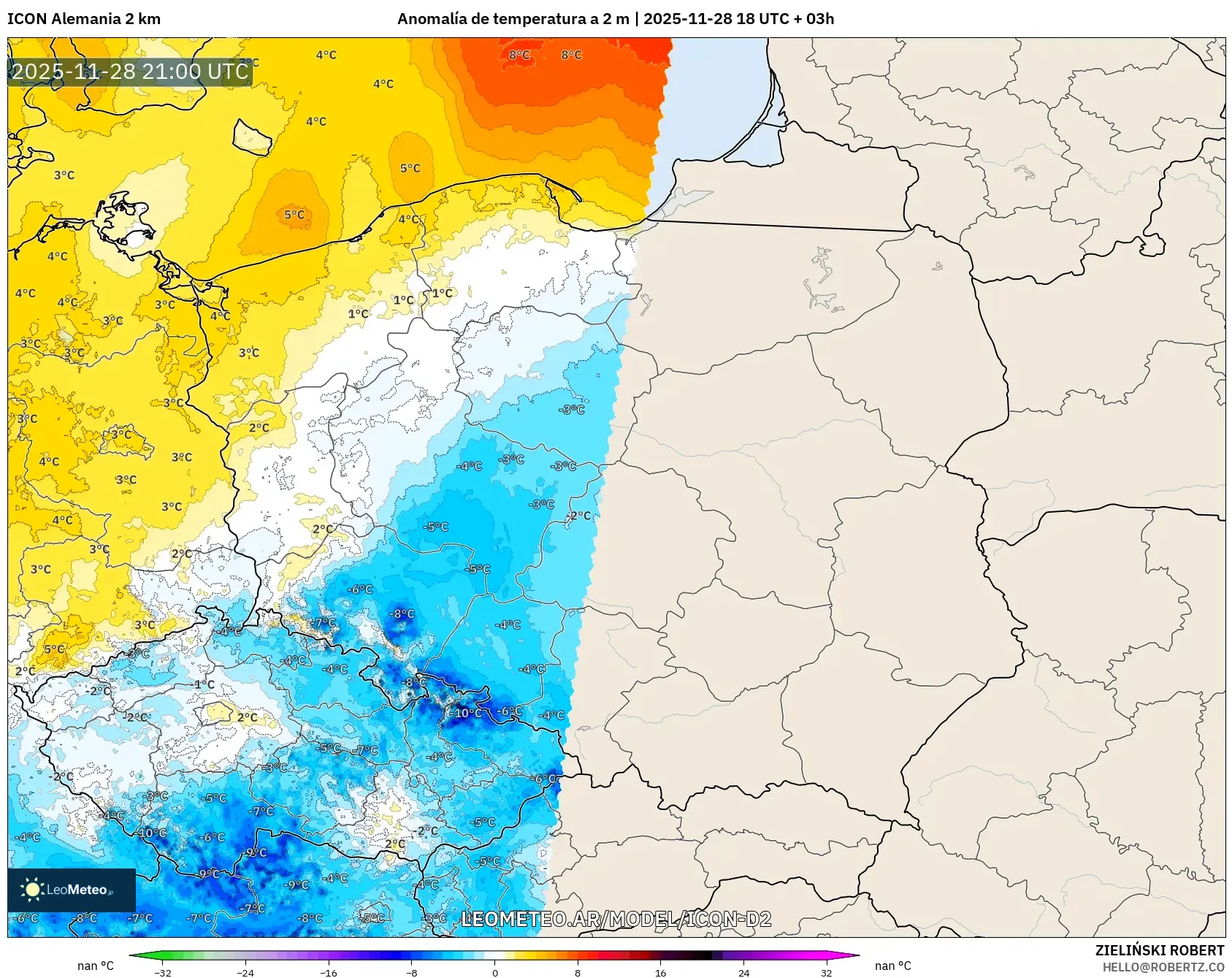 ICON Alemania 2 km model - Polonia, Anomalía de temperatura a 2 m