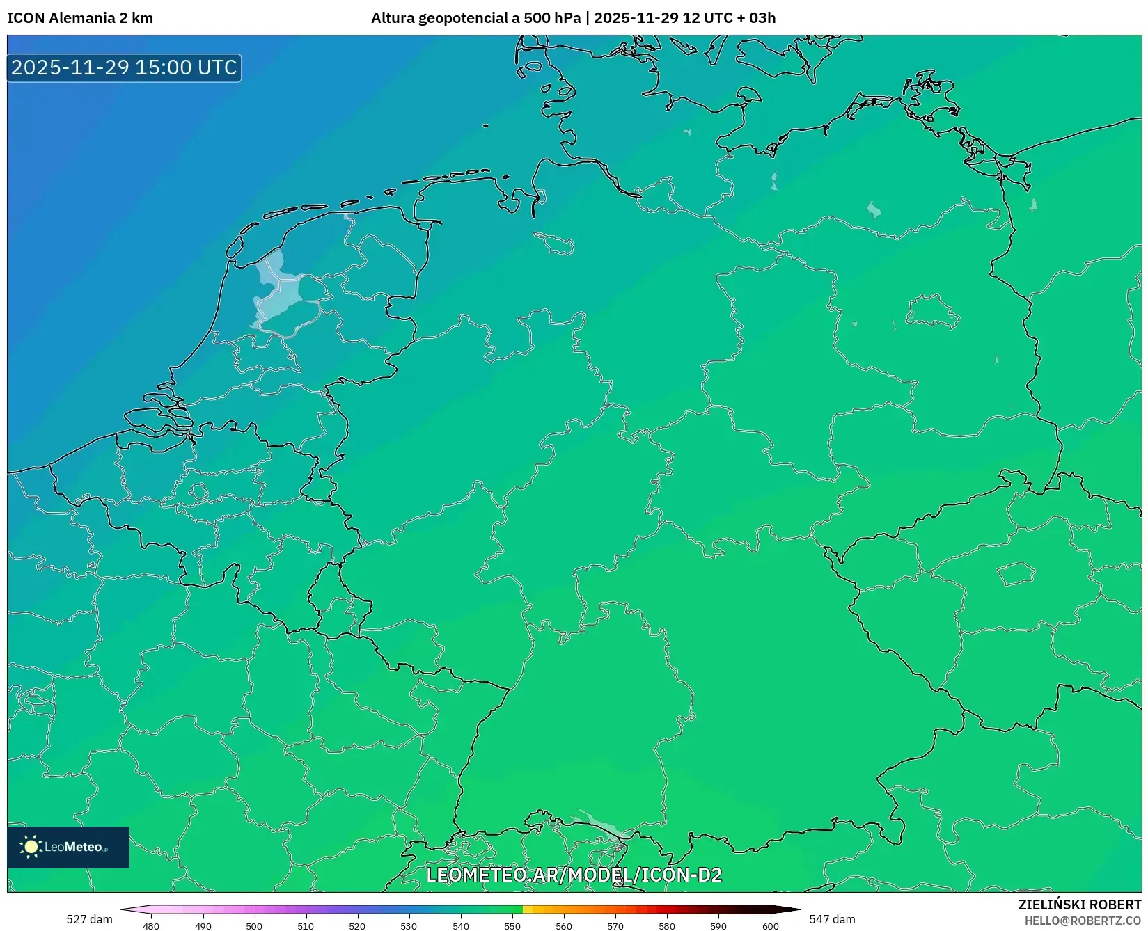 ICON Alemania 2 km model - Alemania, Altura geopotencial a 500 hPa
