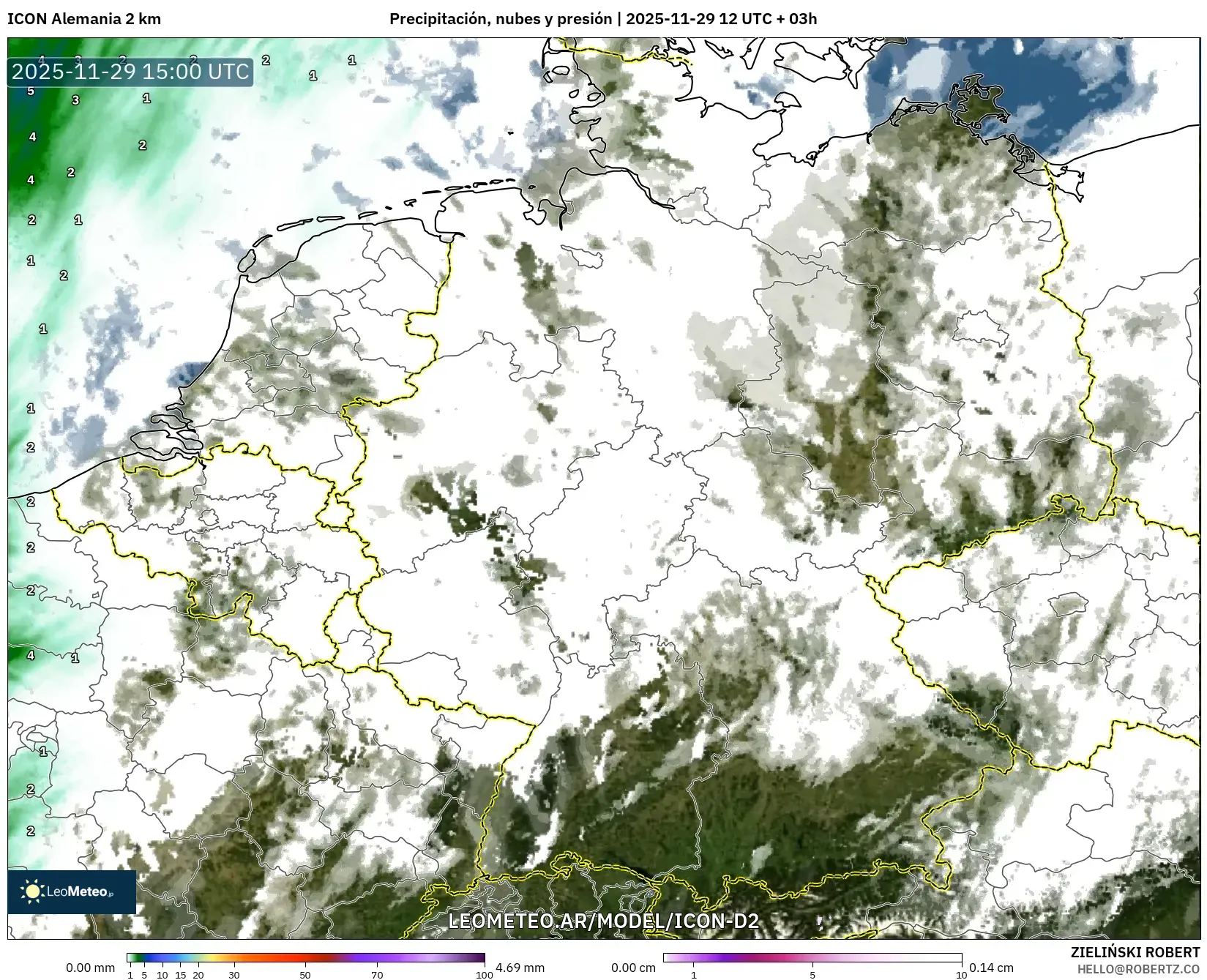 ICON Alemania 2 km model - Alemania, Precipitación, nubes y presión