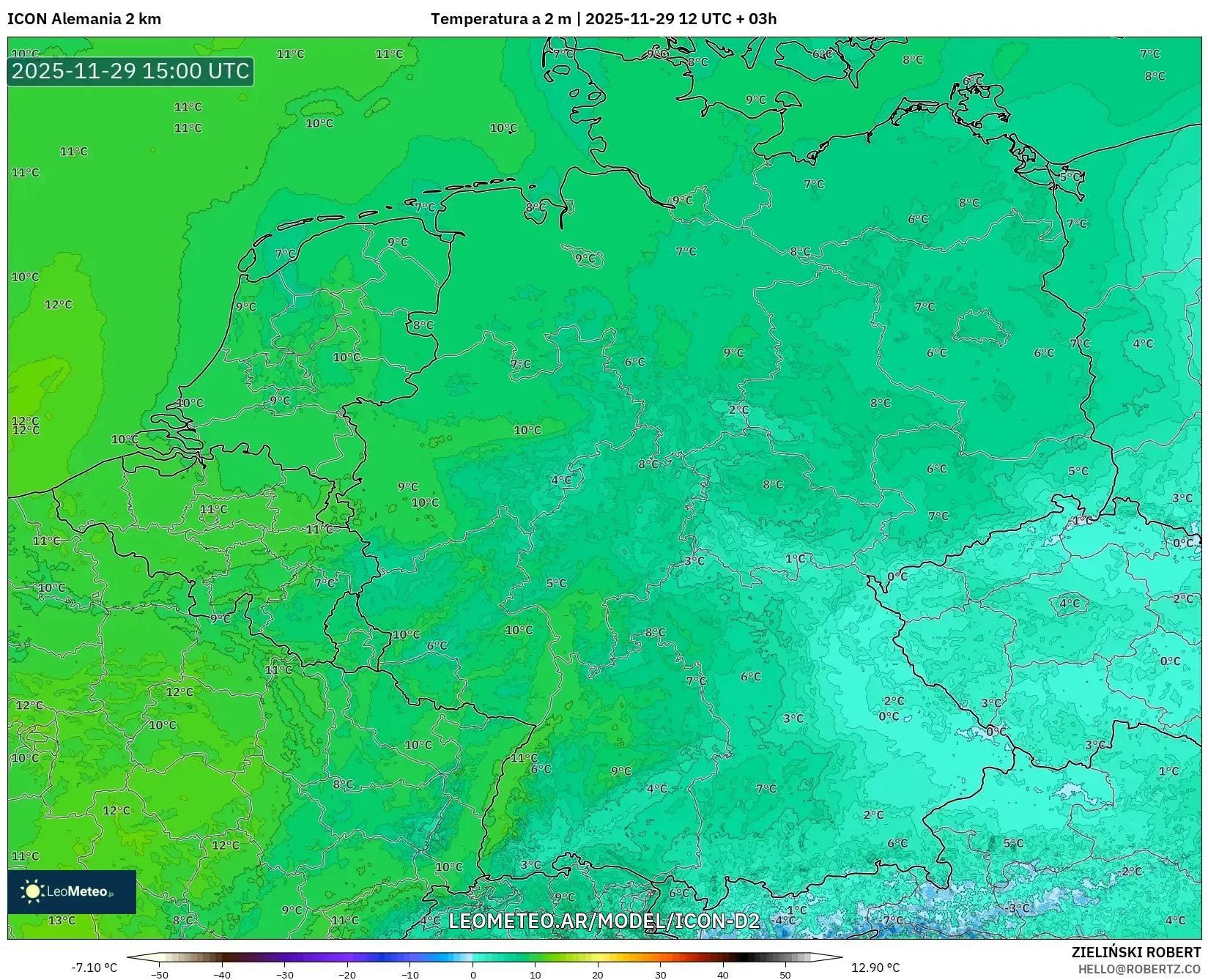 ICON Alemania 2 km model - Alemania, Temperatura a 2 m