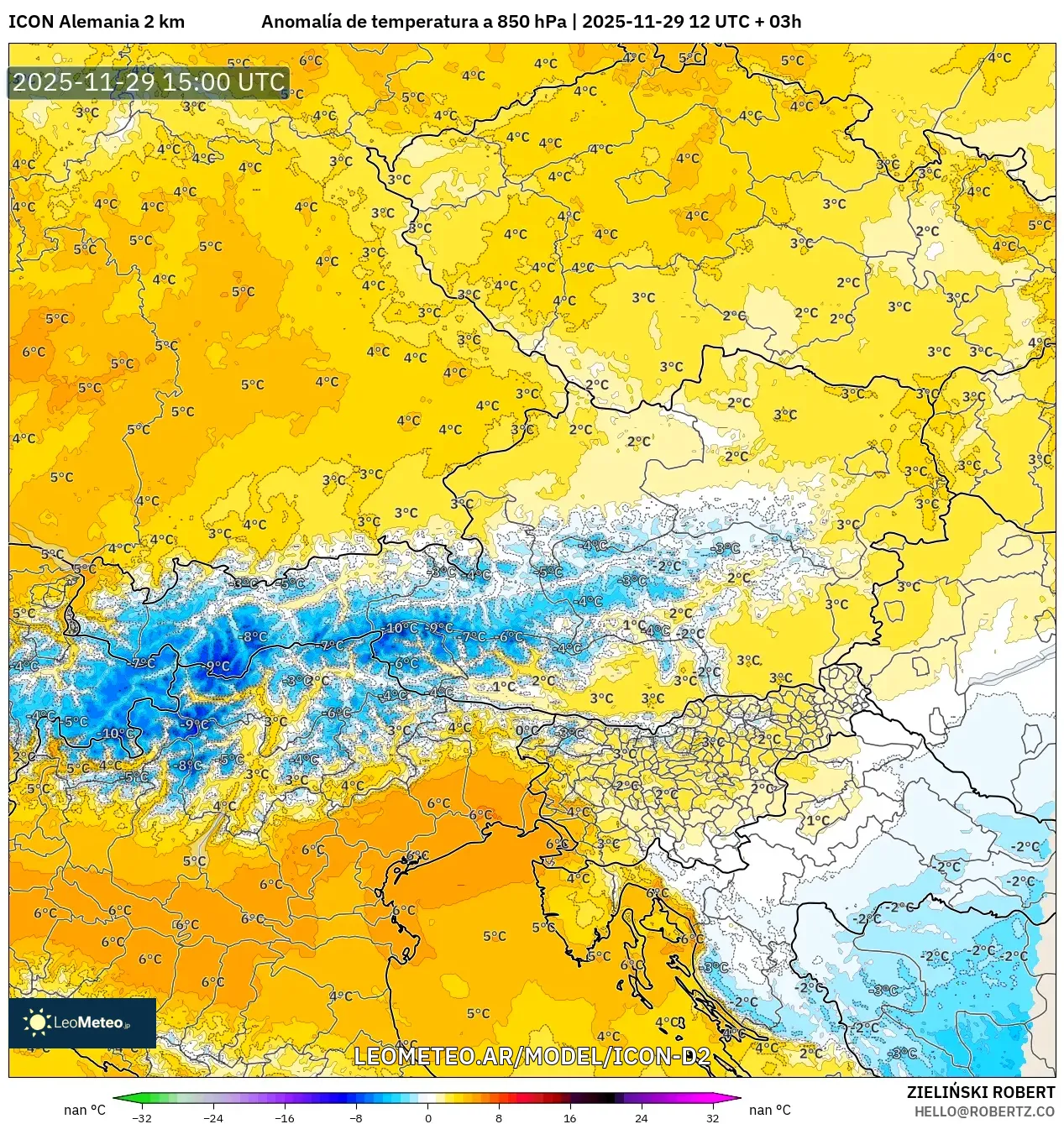 ICON Alemania 2 km model - Austria, Anomalía de temperatura a 850 hPa