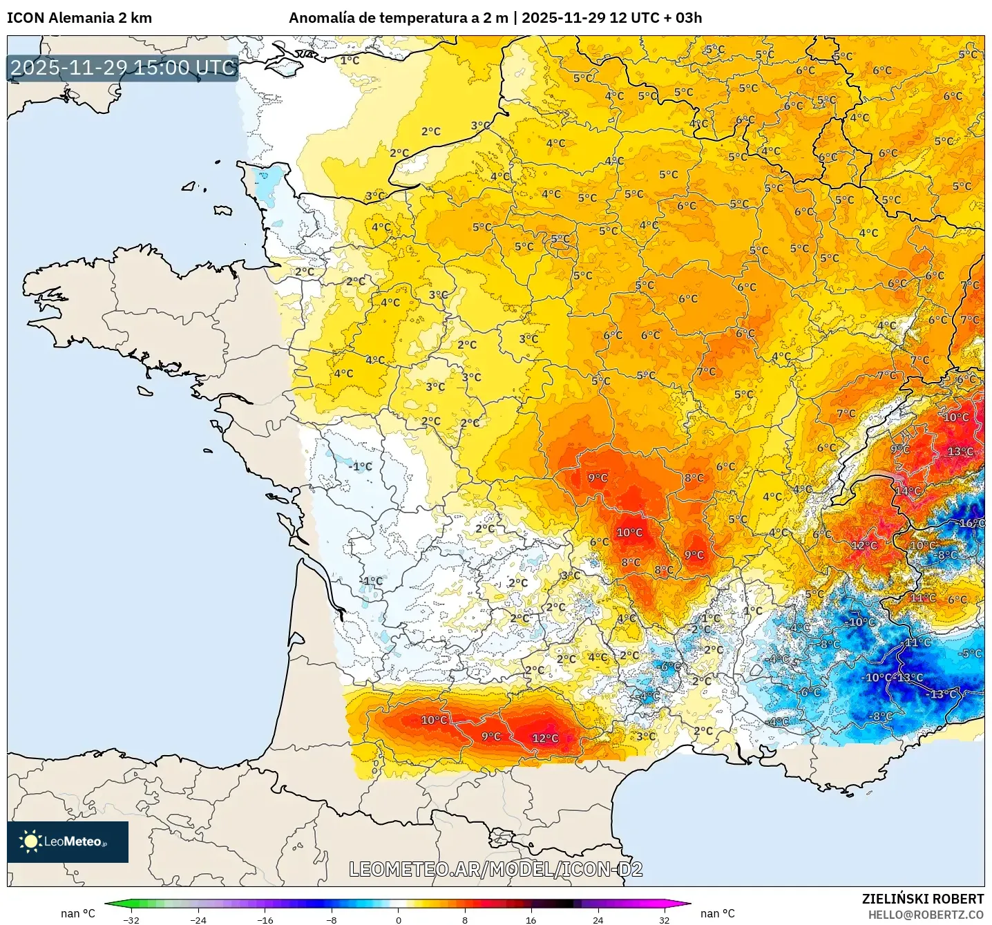 ICON Alemania 2 km model - Francia, Anomalía de temperatura a 2 m
