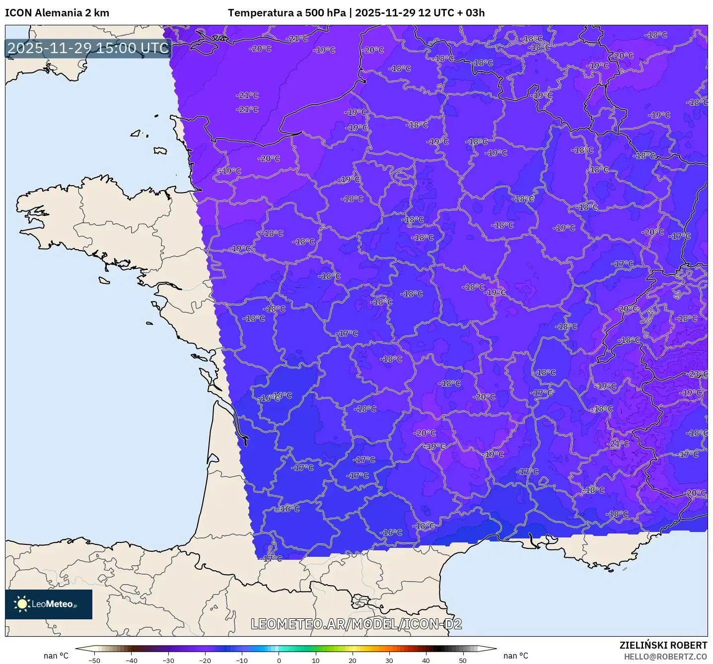 ICON Alemania 2 km model - Francia, Temperatura a 500 hPa