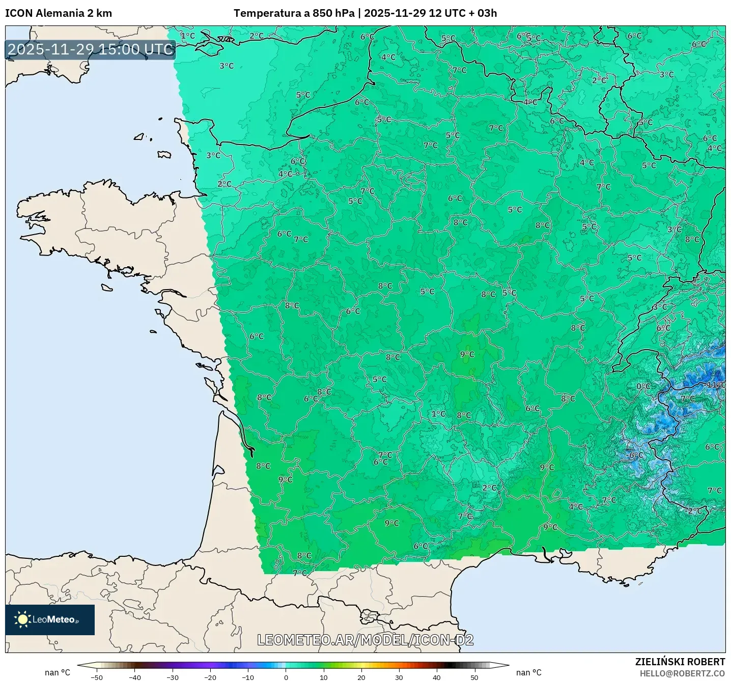 ICON Alemania 2 km model - Francia, Temperatura a 850 hPa