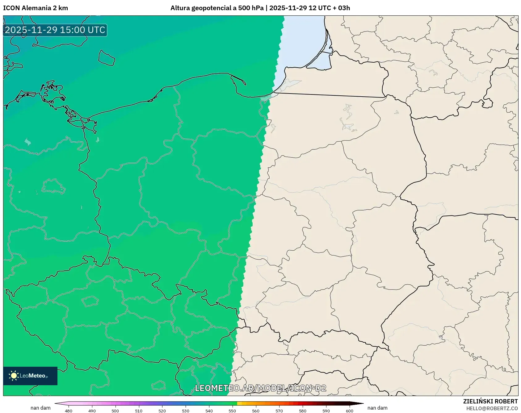 ICON Alemania 2 km model - Polonia, Altura geopotencial a 500 hPa