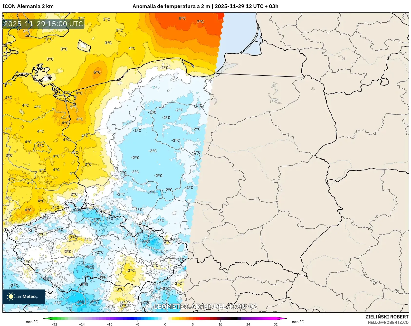 ICON Alemania 2 km model - Polonia, Anomalía de temperatura a 2 m