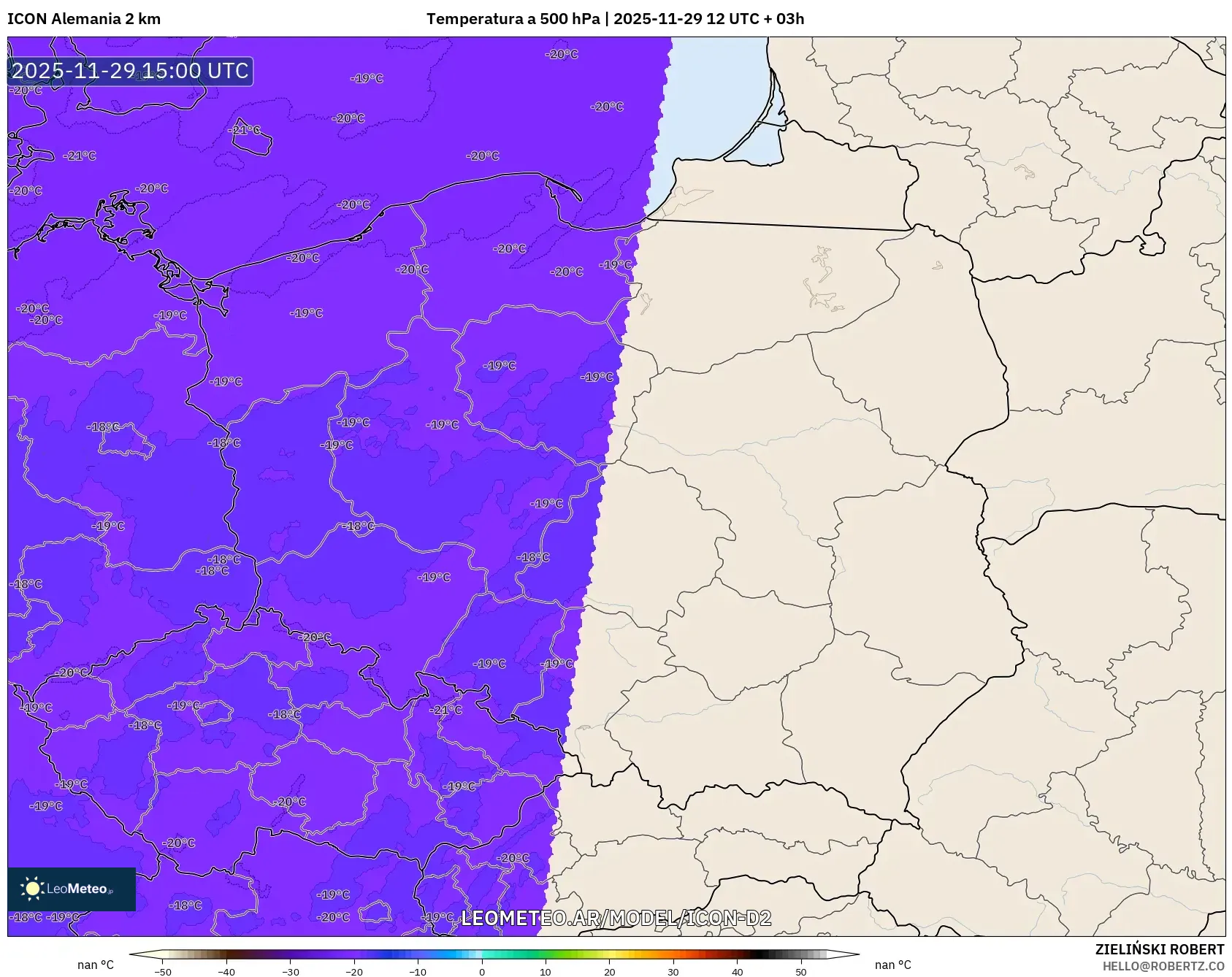 ICON Alemania 2 km model - Polonia, Temperatura a 500 hPa