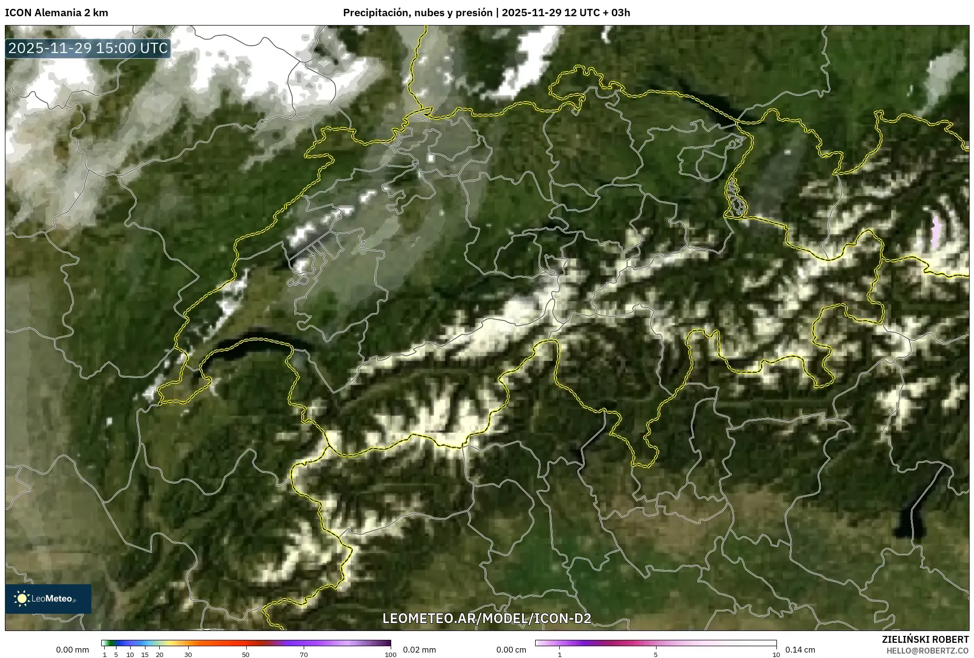 ICON Alemania 2 km model - Suiza, Precipitación, nubes y presión