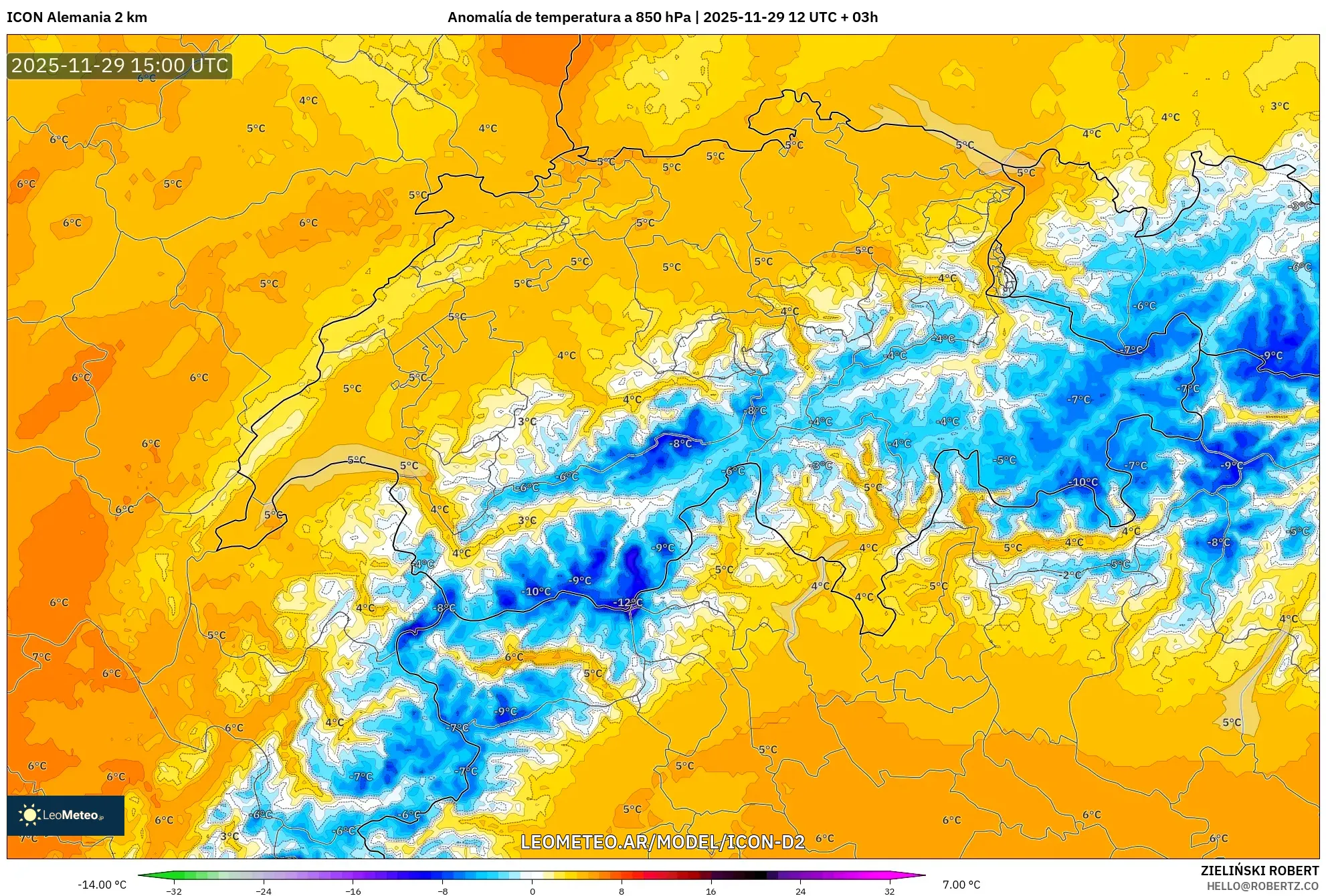 ICON Alemania 2 km model - Suiza, Anomalía de temperatura a 850 hPa