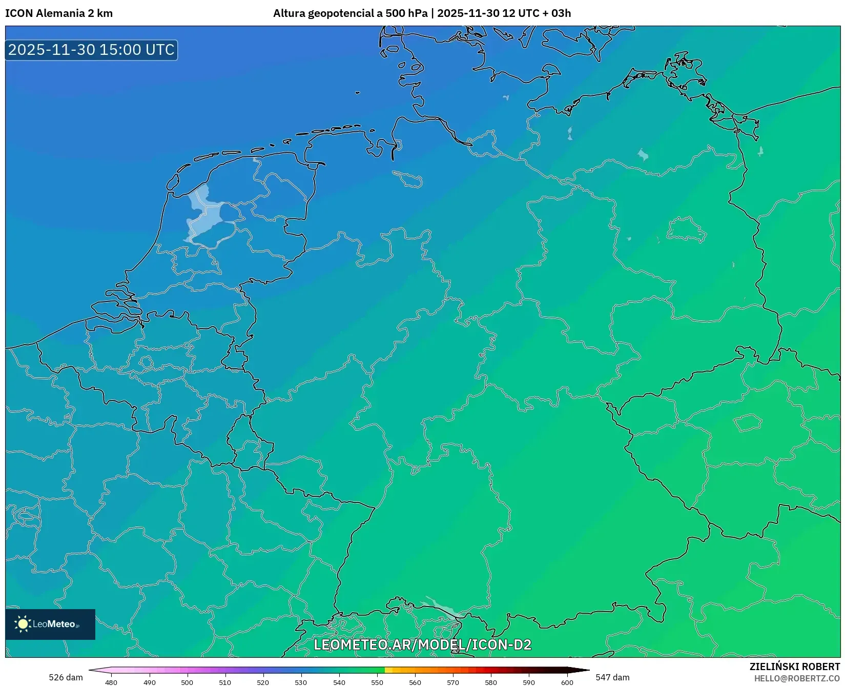 ICON Alemania 2 km model - Alemania, Altura geopotencial a 500 hPa