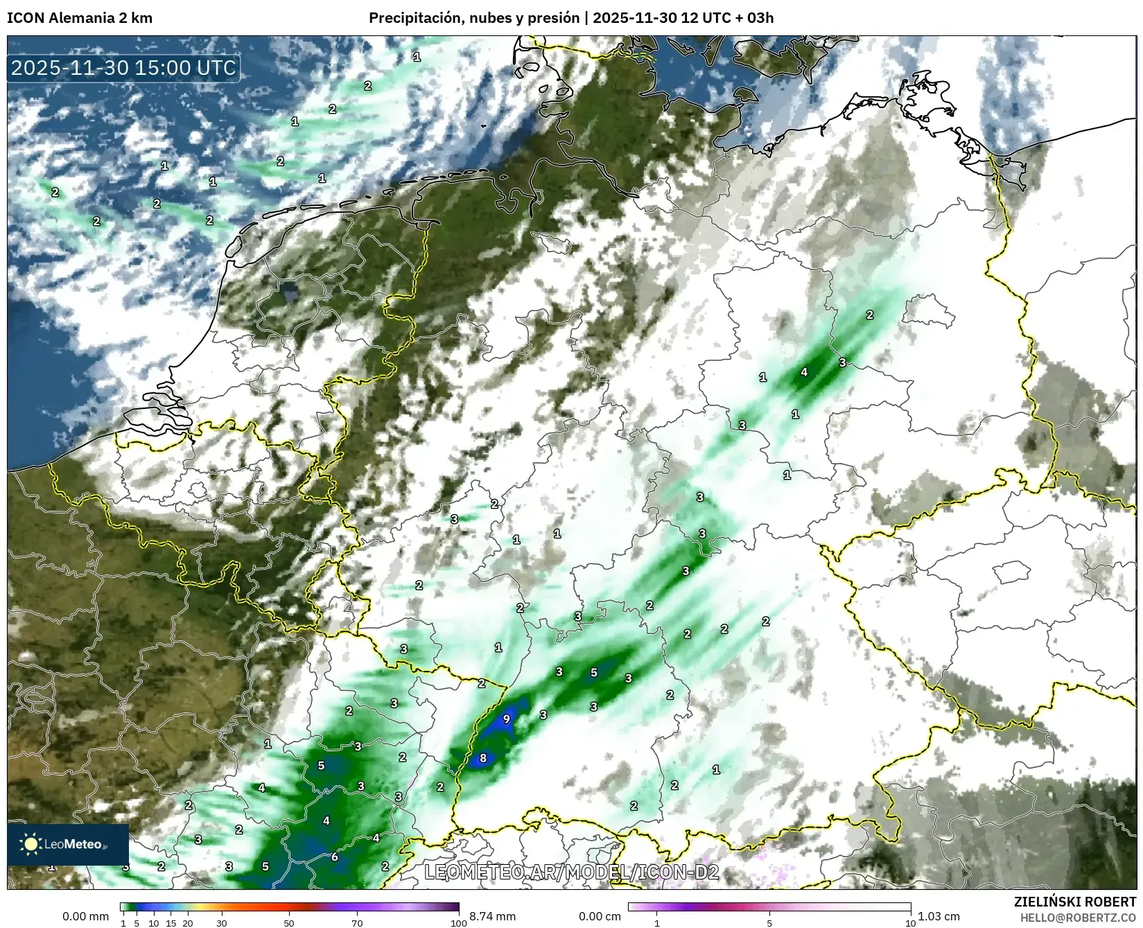 ICON Alemania 2 km model - Alemania, Precipitación, nubes y presión
