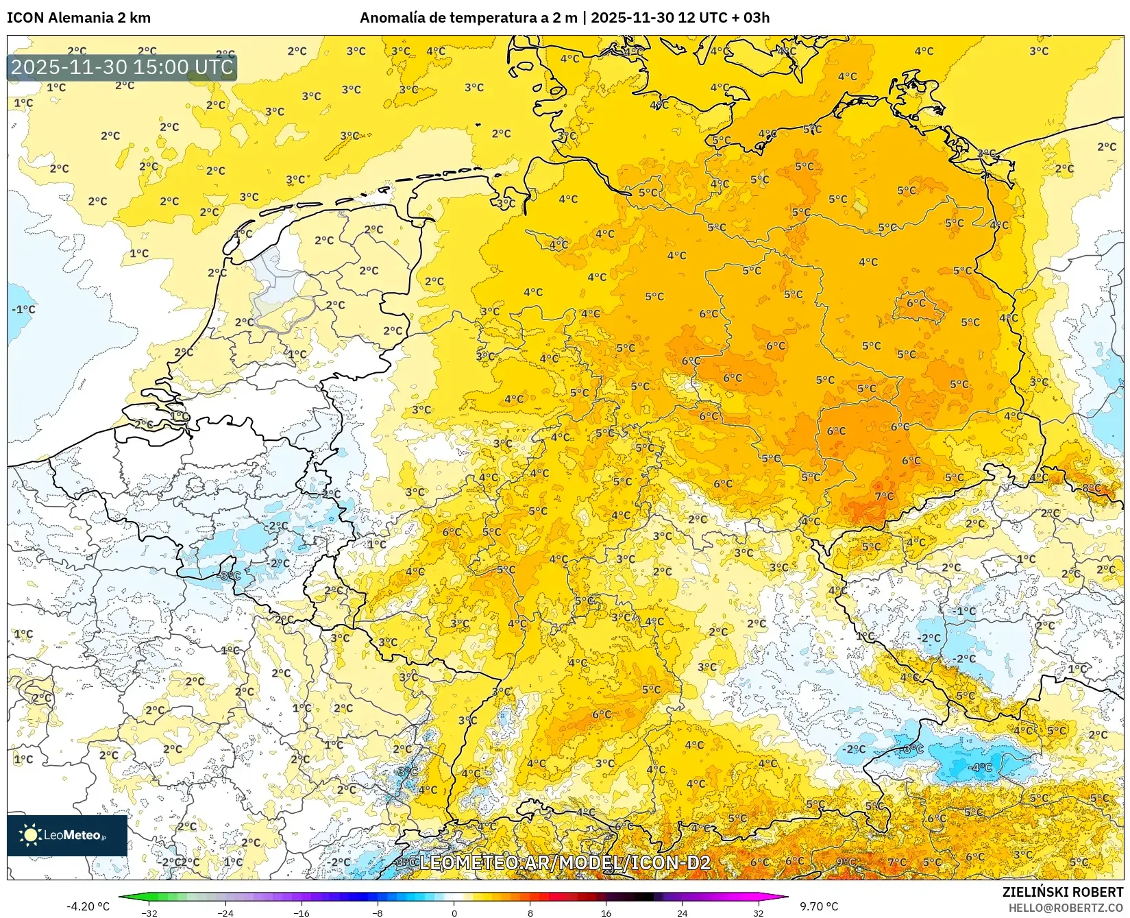 ICON Alemania 2 km model - Alemania, Anomalía de temperatura a 2 m