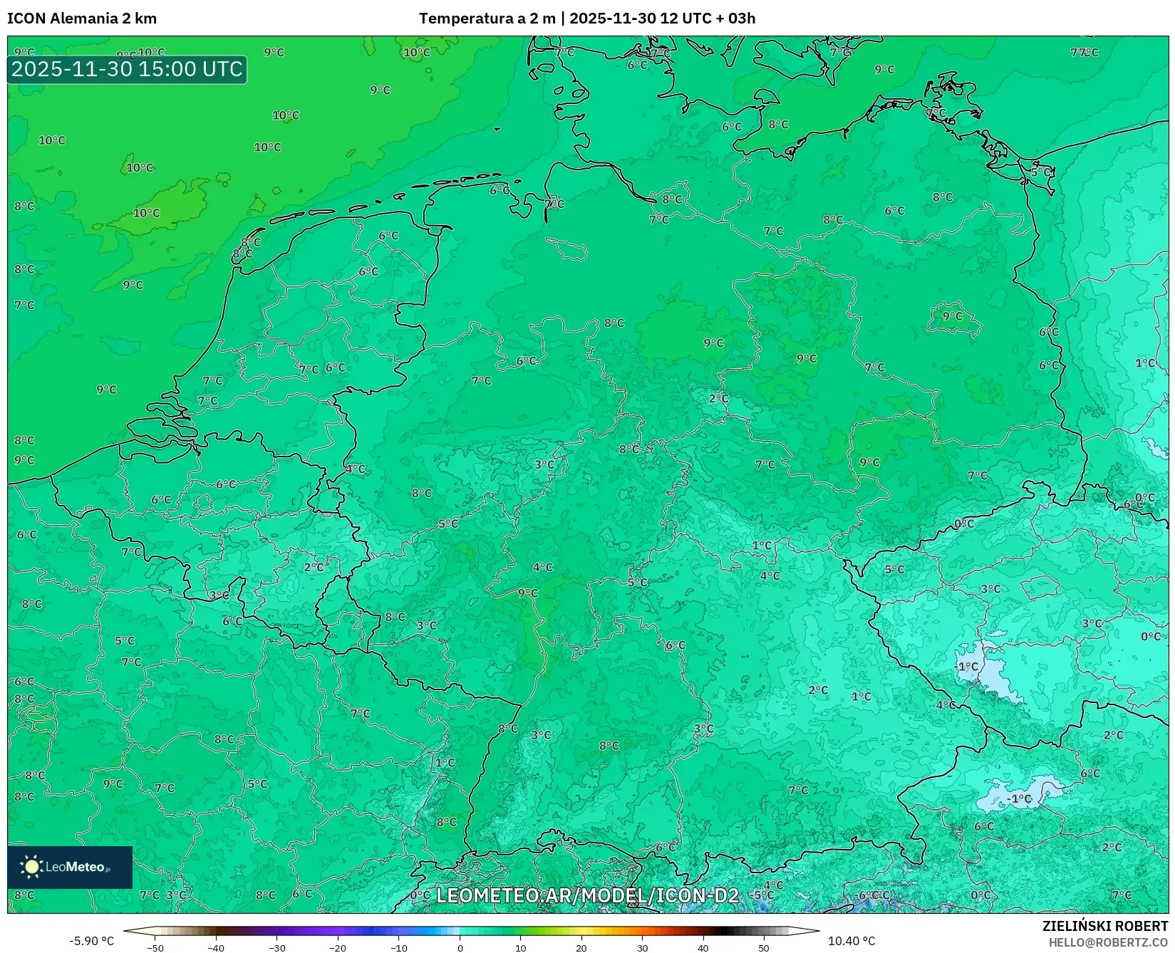 ICON Alemania 2 km model - Alemania, Temperatura a 2 m
