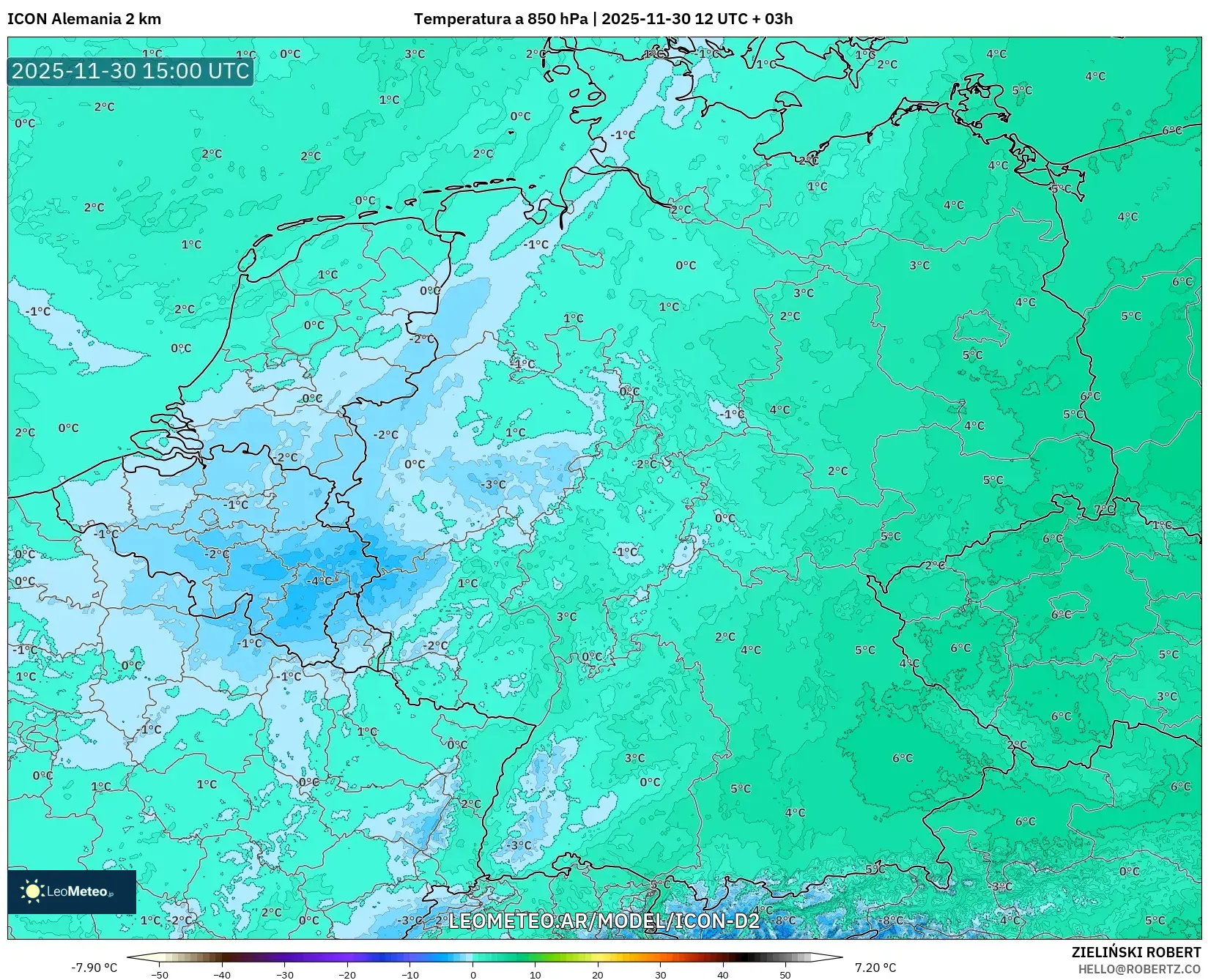 ICON Alemania 2 km model - Alemania, Temperatura a 850 hPa