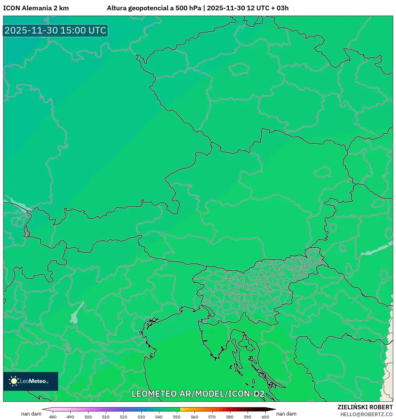 ICON Alemania 2 km model - Austria, Altura geopotencial a 500 hPa