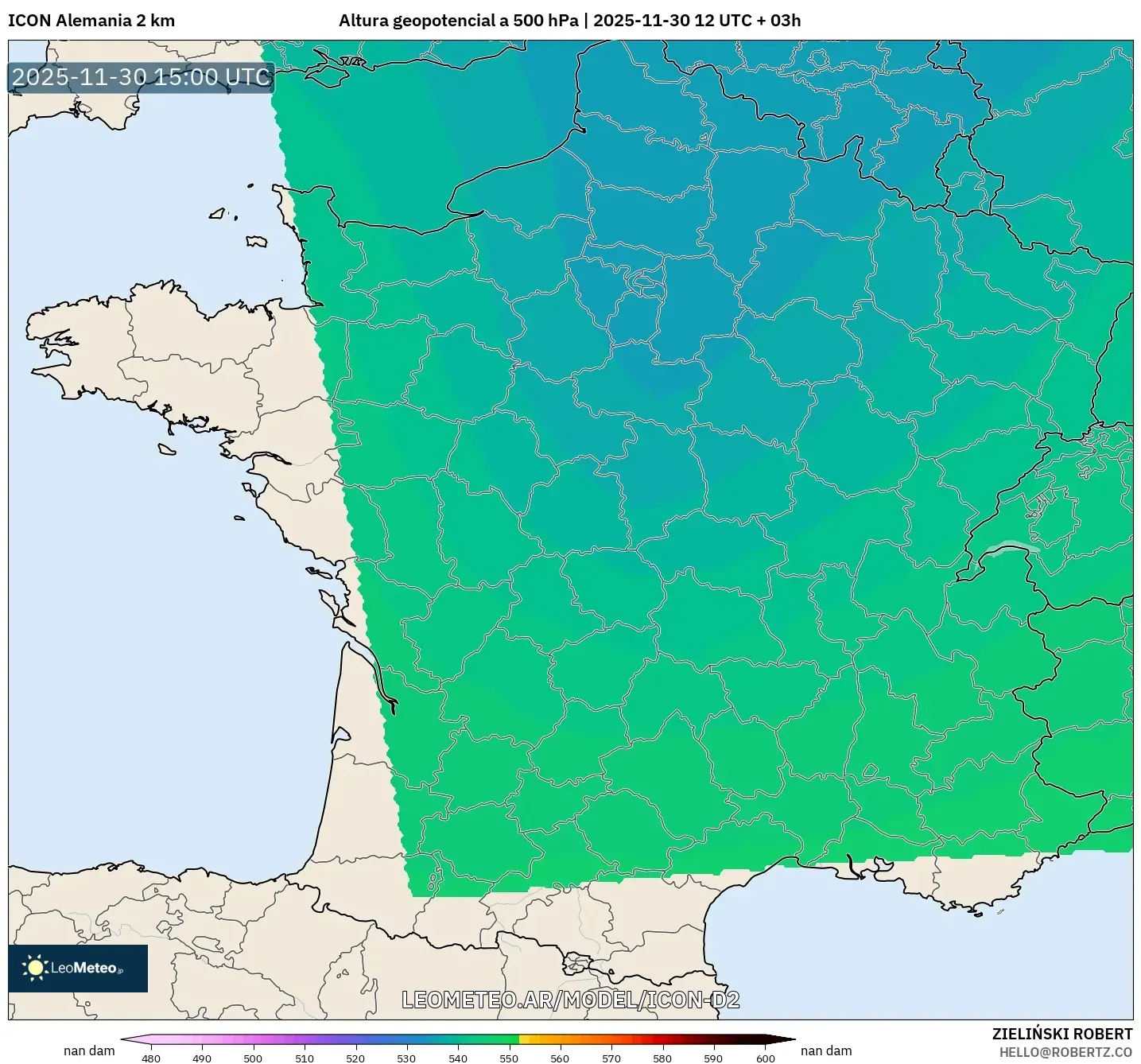 ICON Alemania 2 km model - Francia, Altura geopotencial a 500 hPa