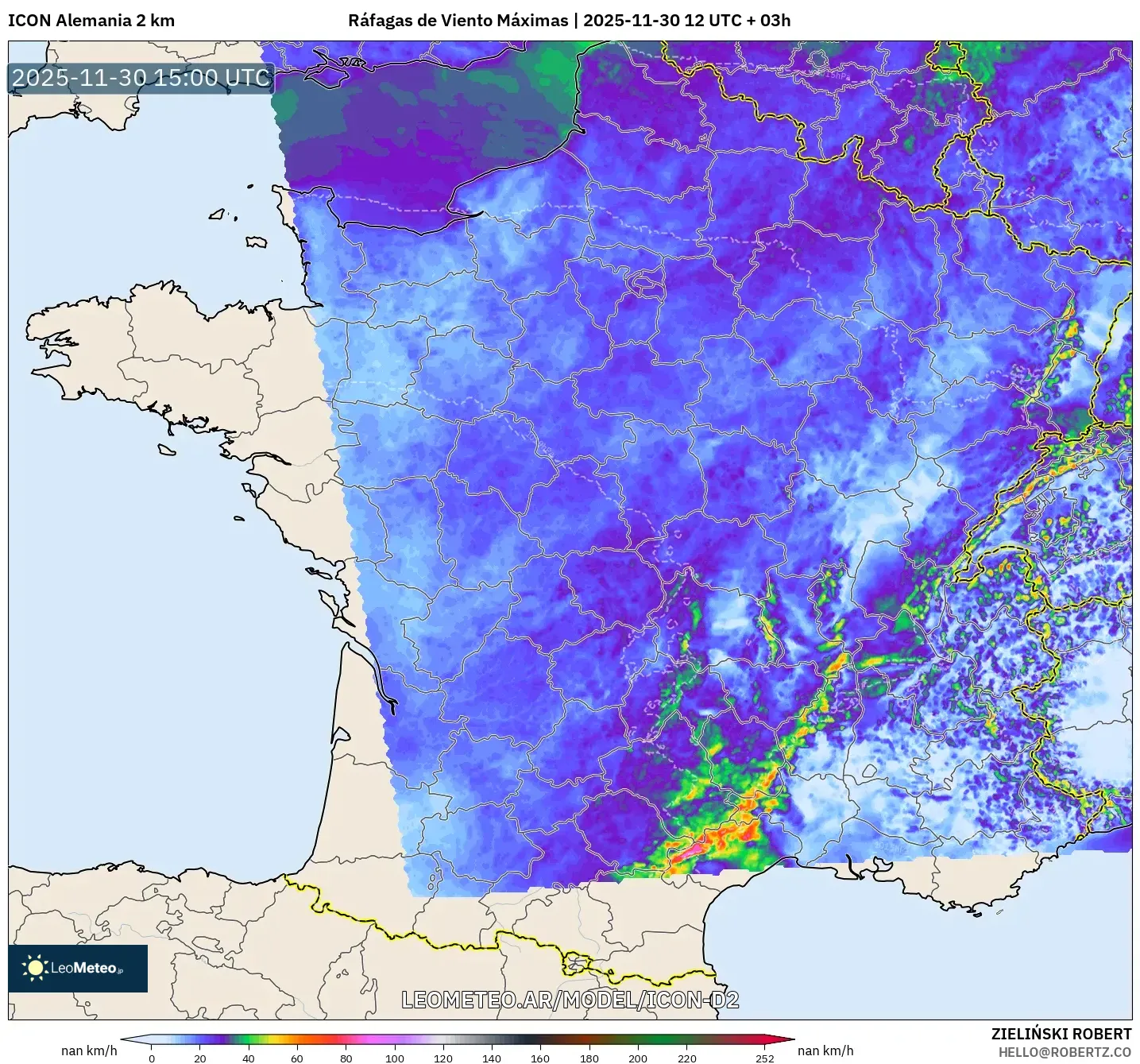 ICON Alemania 2 km model - Francia, Ráfagas de Viento Máximas