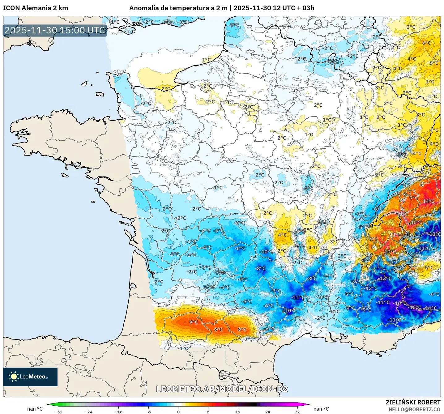 ICON Alemania 2 km model - Francia, Anomalía de temperatura a 2 m
