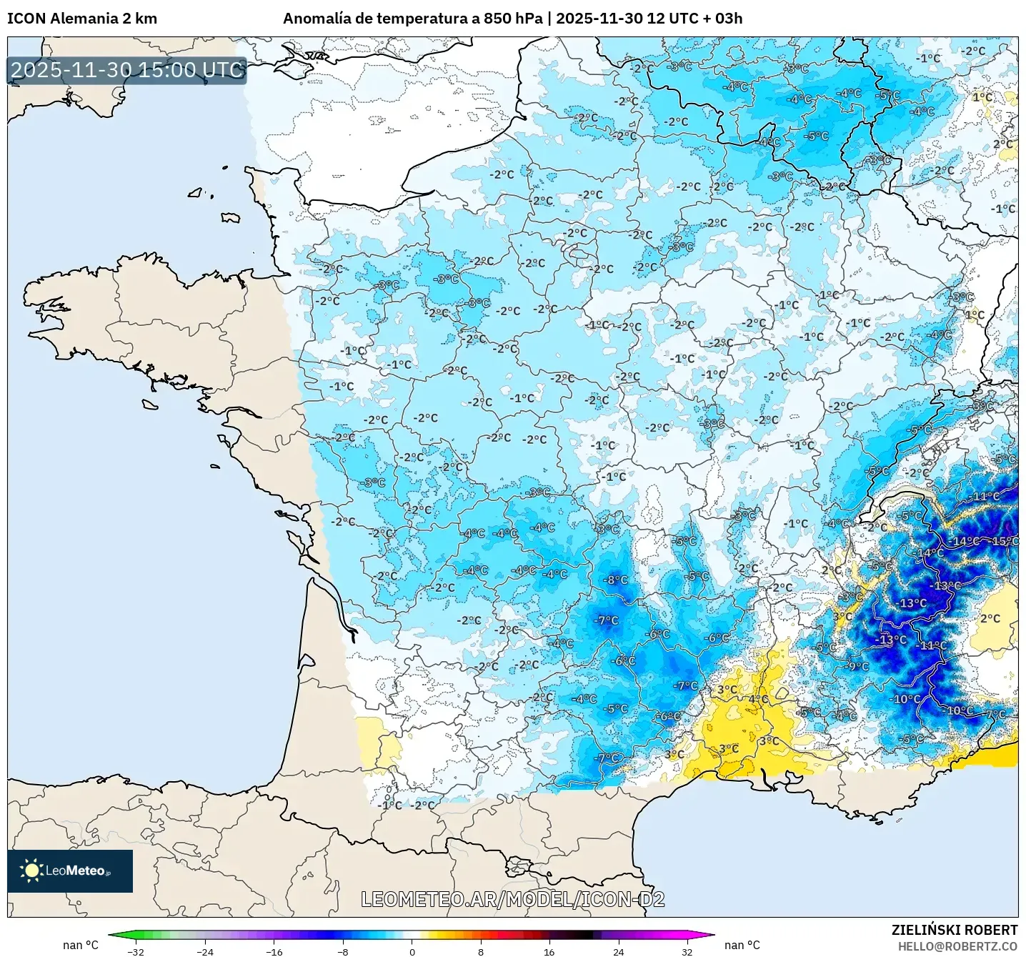 ICON Alemania 2 km model - Francia, Anomalía de temperatura a 850 hPa