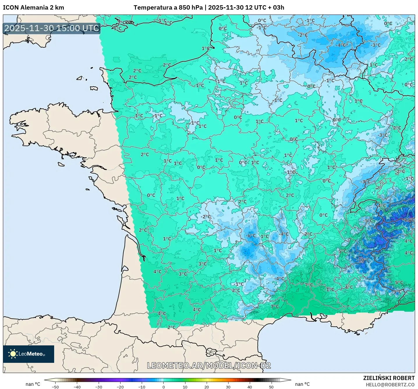 ICON Alemania 2 km model - Francia, Temperatura a 850 hPa