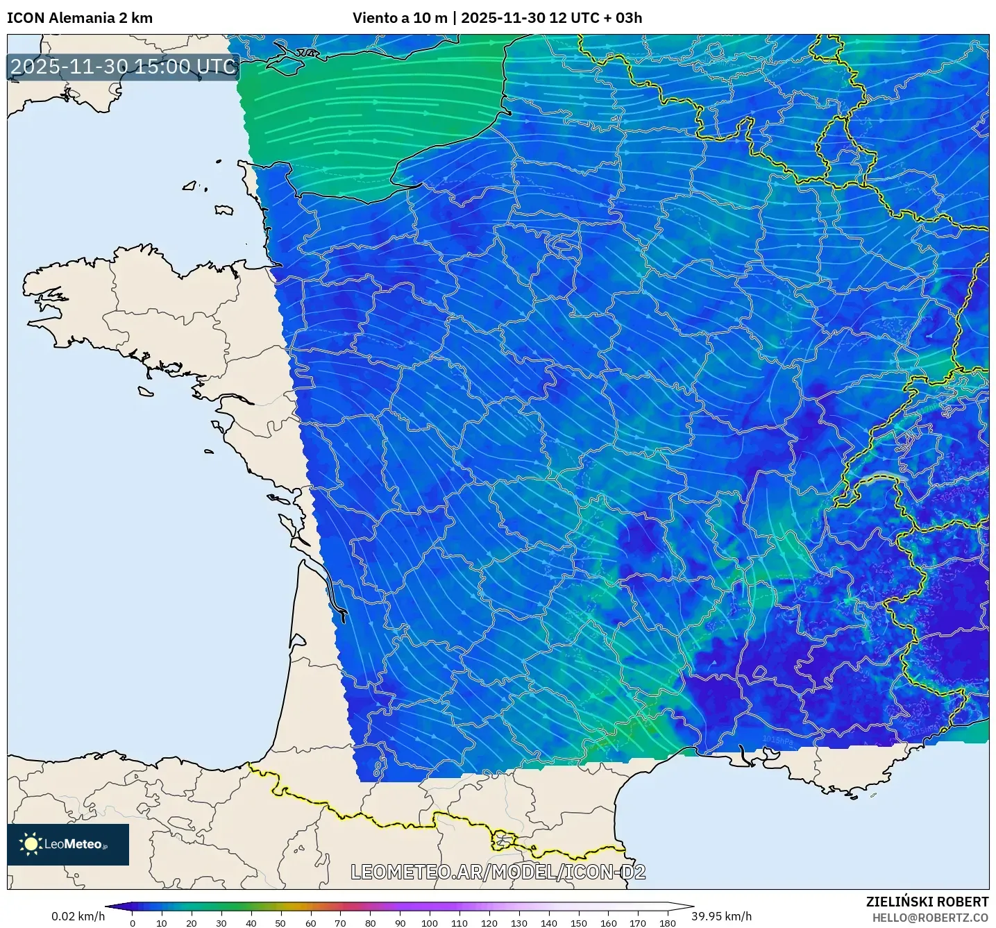 ICON Alemania 2 km model - Francia, Viento a 10 m