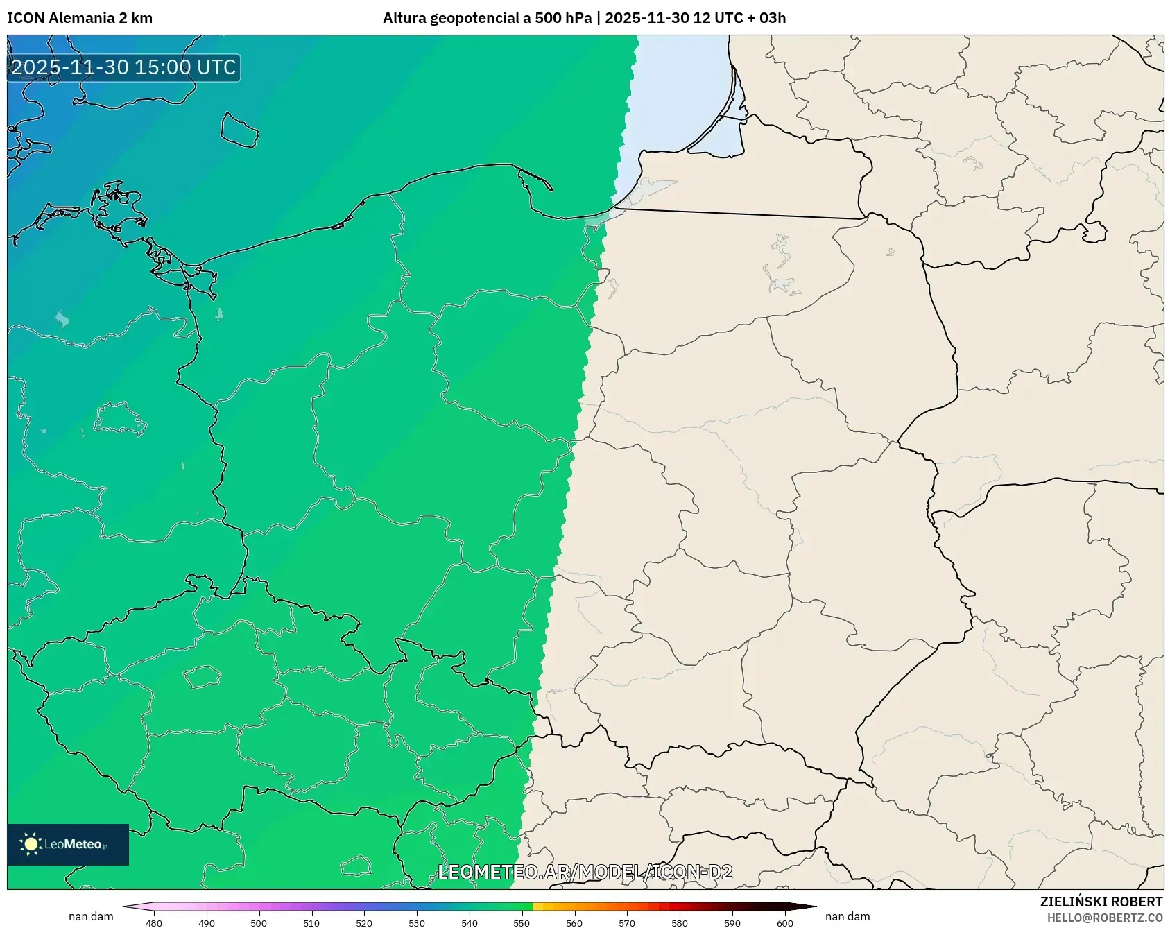 ICON Alemania 2 km model - Polonia, Altura geopotencial a 500 hPa