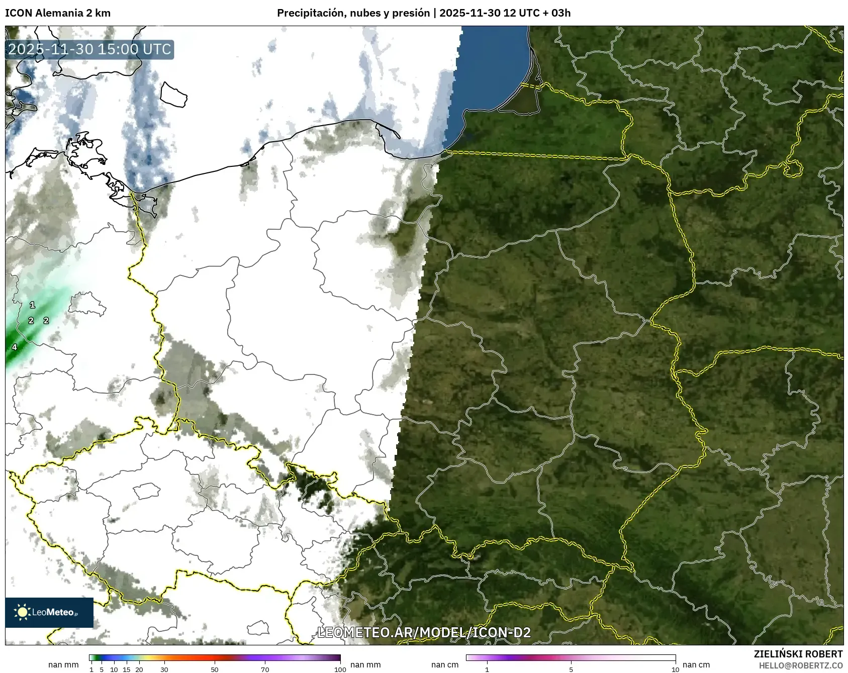 ICON Alemania 2 km model - Polonia, Precipitación, nubes y presión