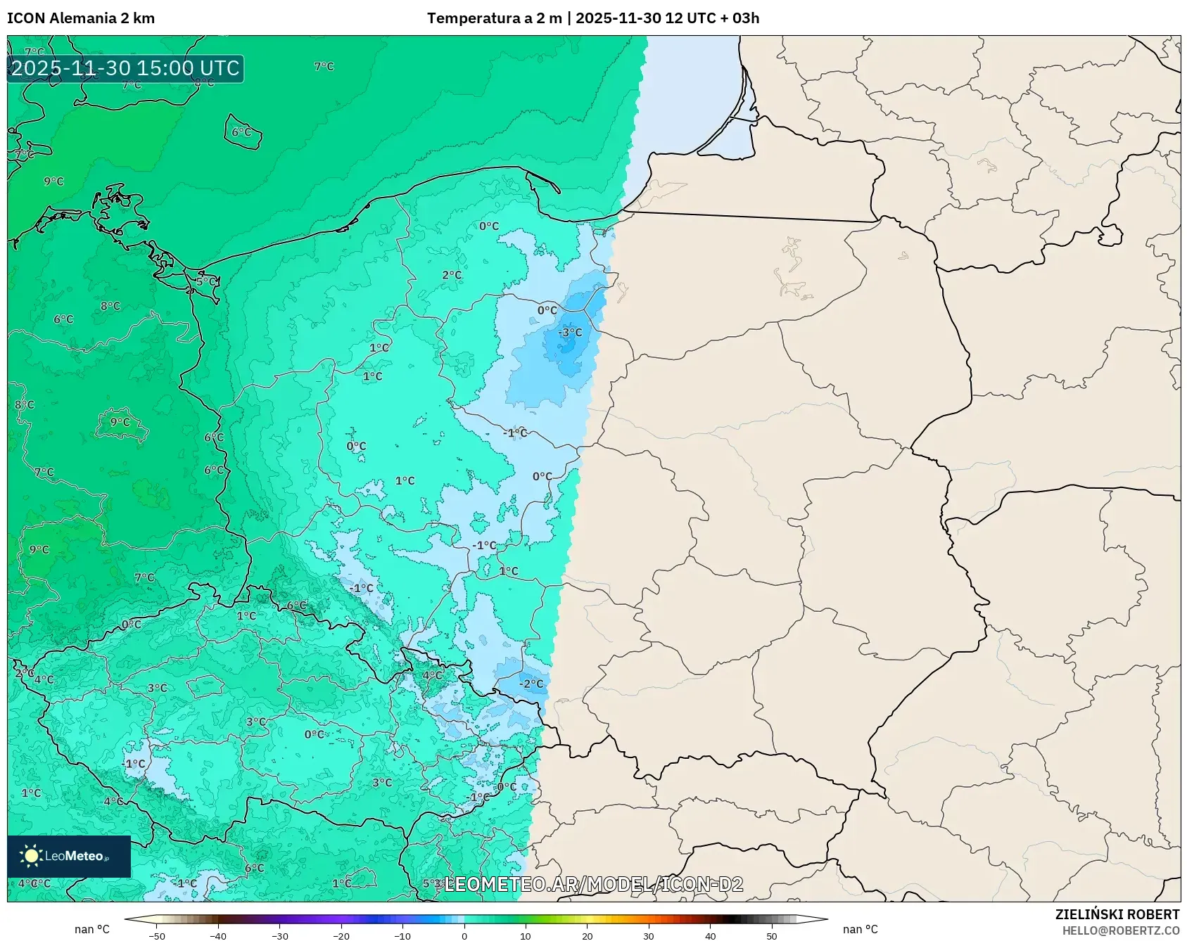 ICON Alemania 2 km model - Polonia, Temperatura a 2 m