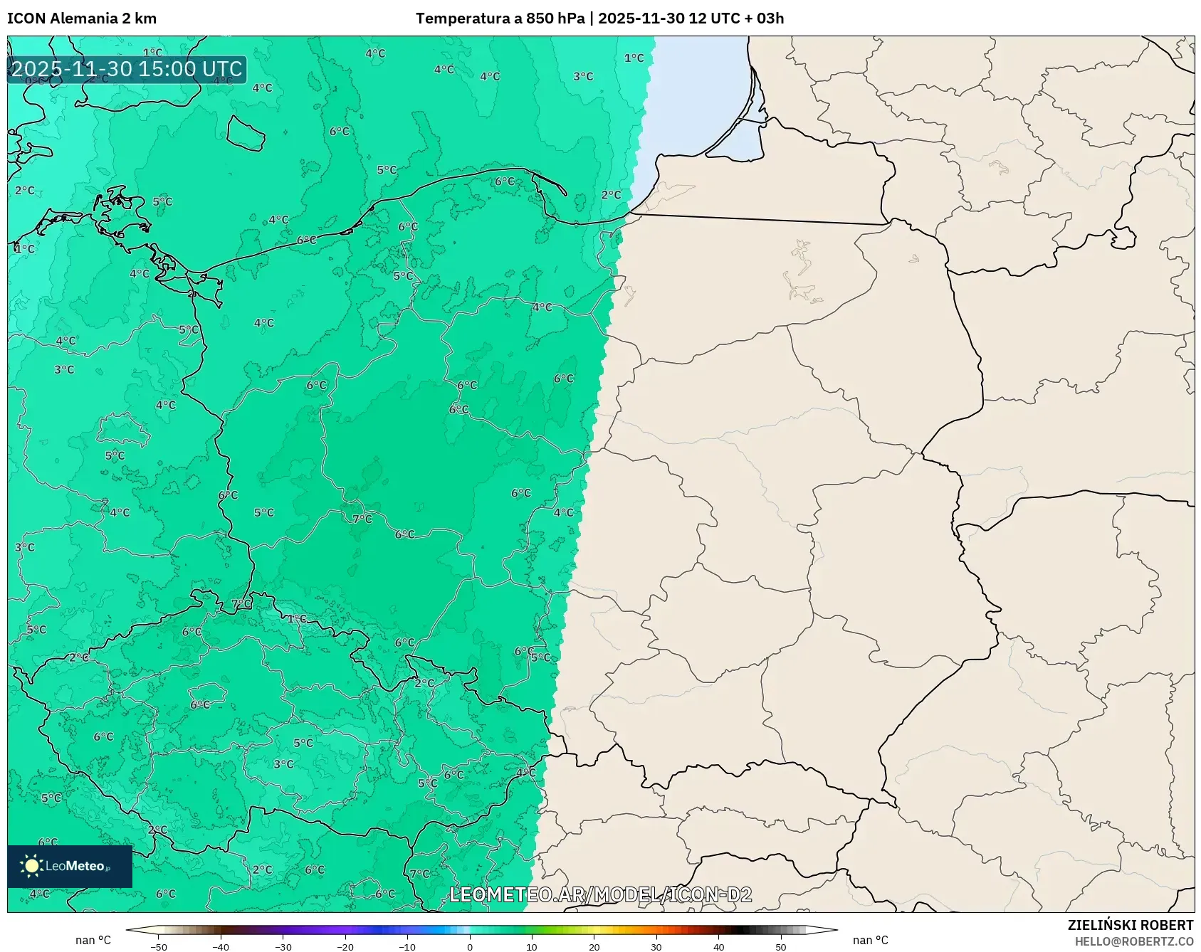 ICON Alemania 2 km model - Polonia, Temperatura a 850 hPa