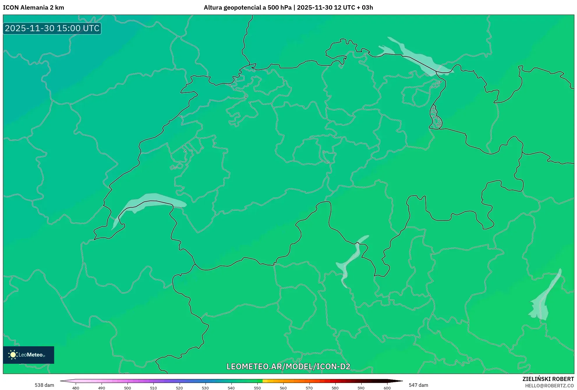 ICON Alemania 2 km model - Suiza, Altura geopotencial a 500 hPa