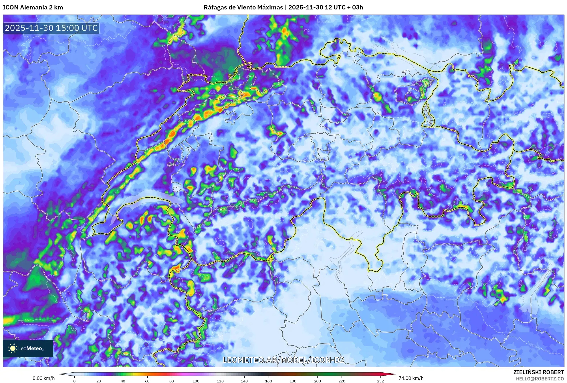 ICON Alemania 2 km model - Suiza, Ráfagas de Viento Máximas