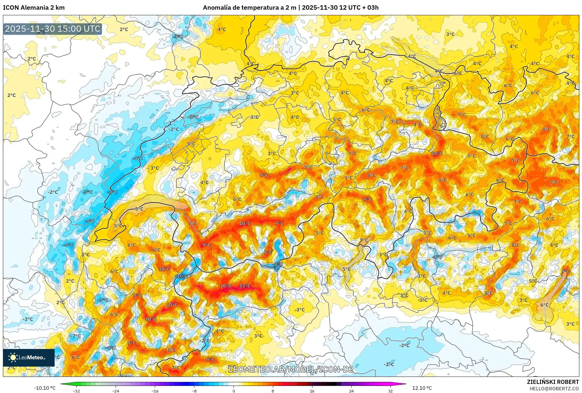 ICON Alemania 2 km model - Suiza, Anomalía de temperatura a 2 m