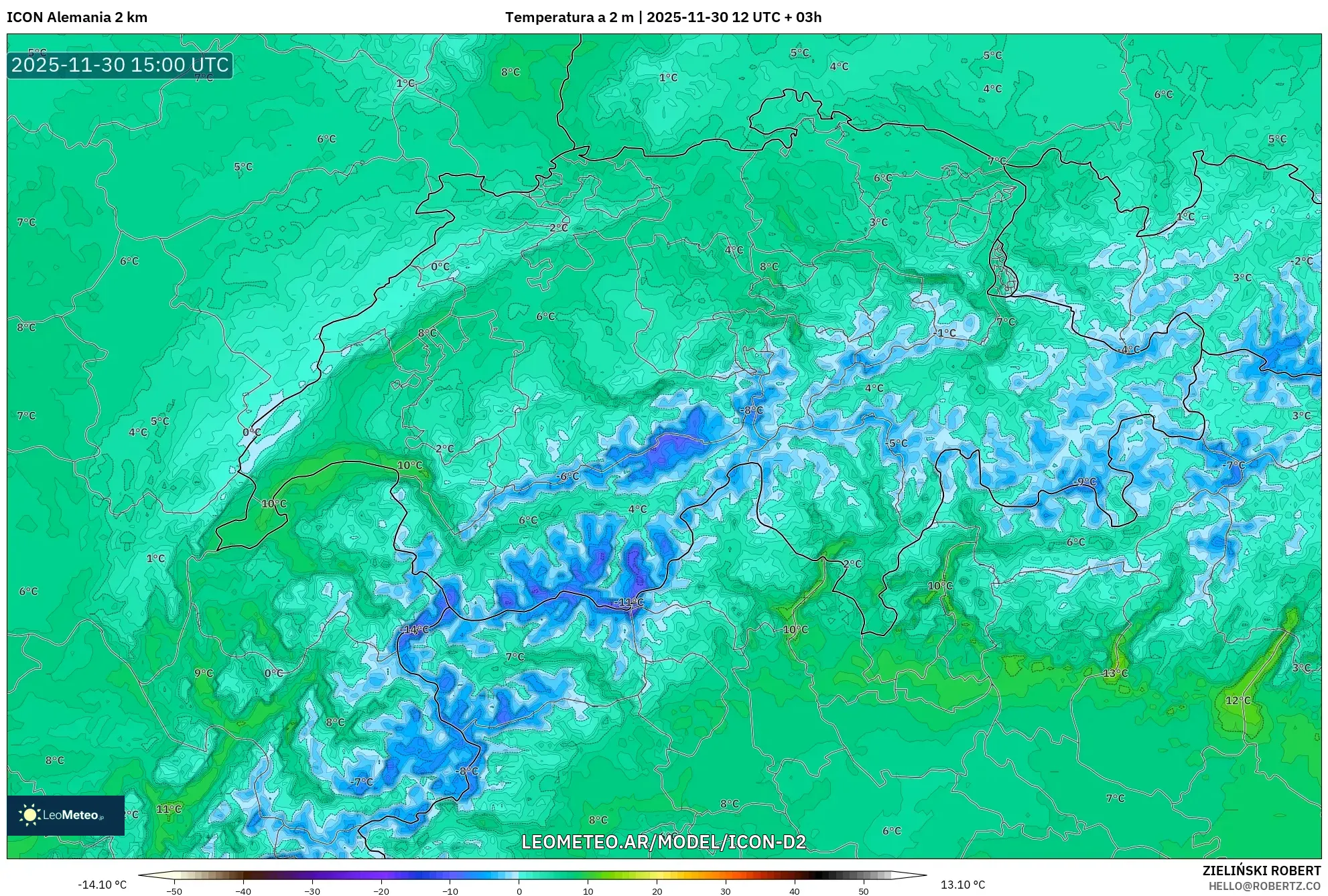 ICON Alemania 2 km model - Suiza, Temperatura a 2 m