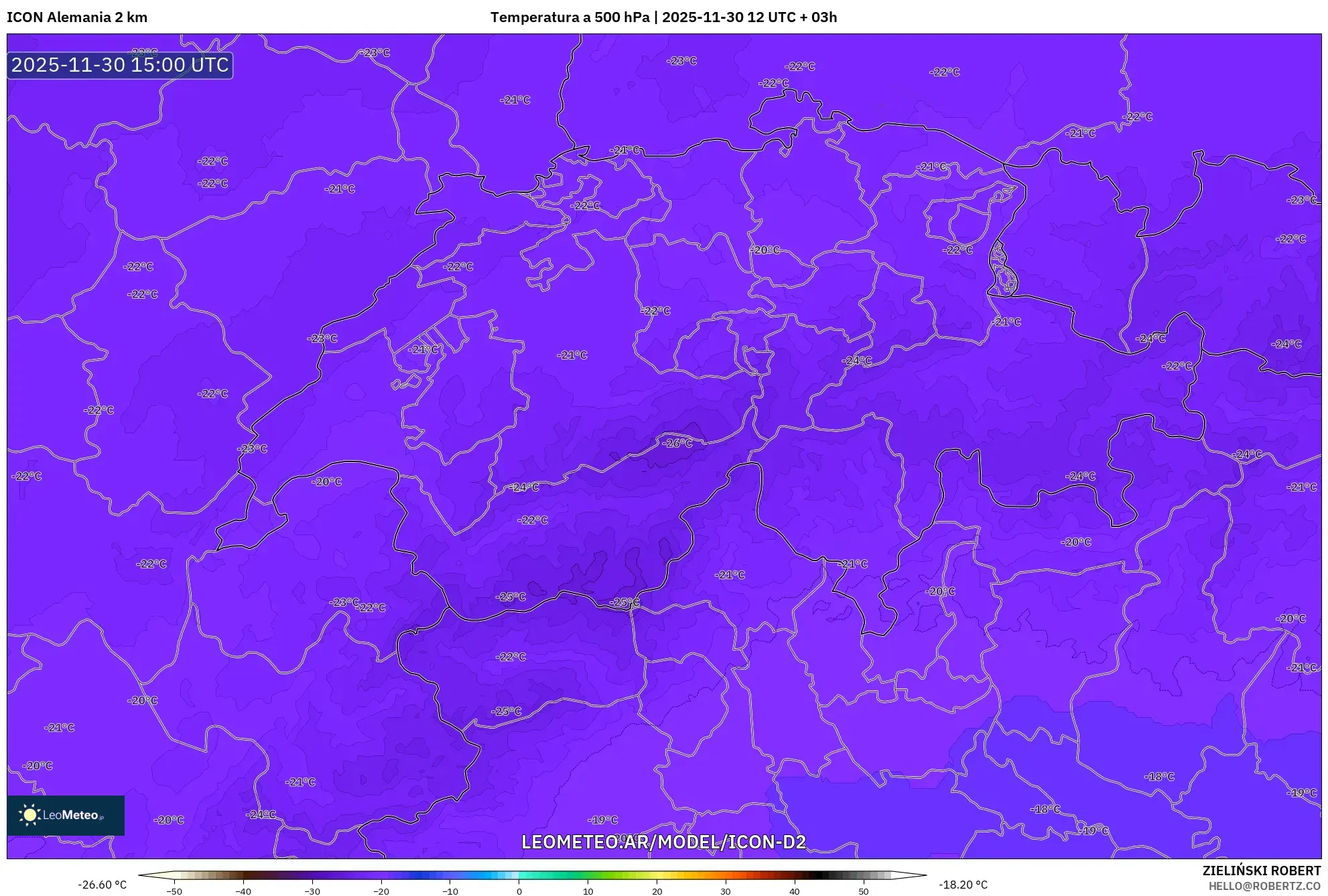 ICON Alemania 2 km model - Suiza, Temperatura a 500 hPa