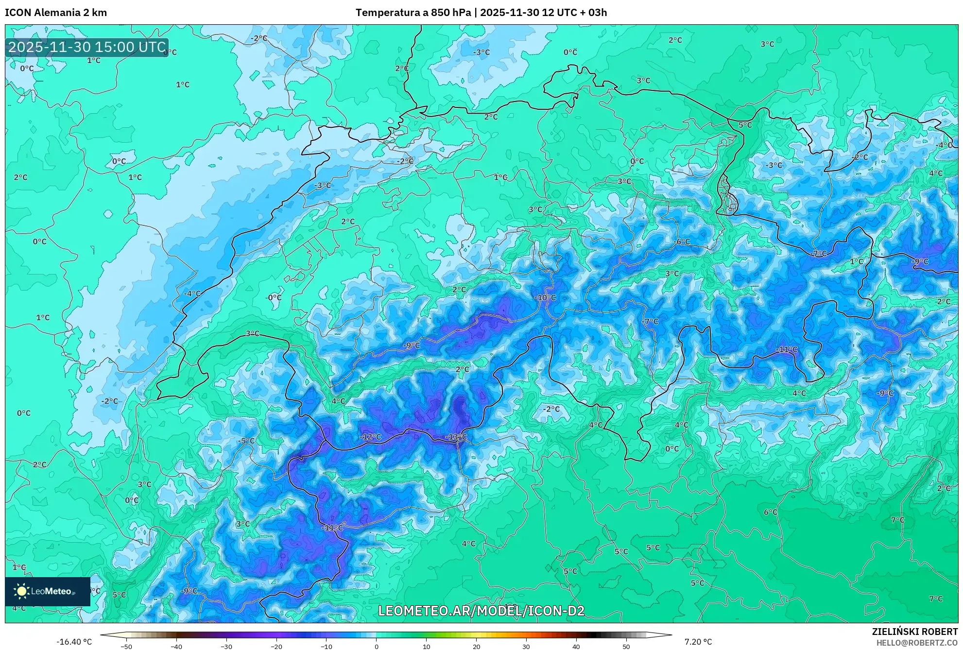 ICON Alemania 2 km model - Suiza, Temperatura a 850 hPa