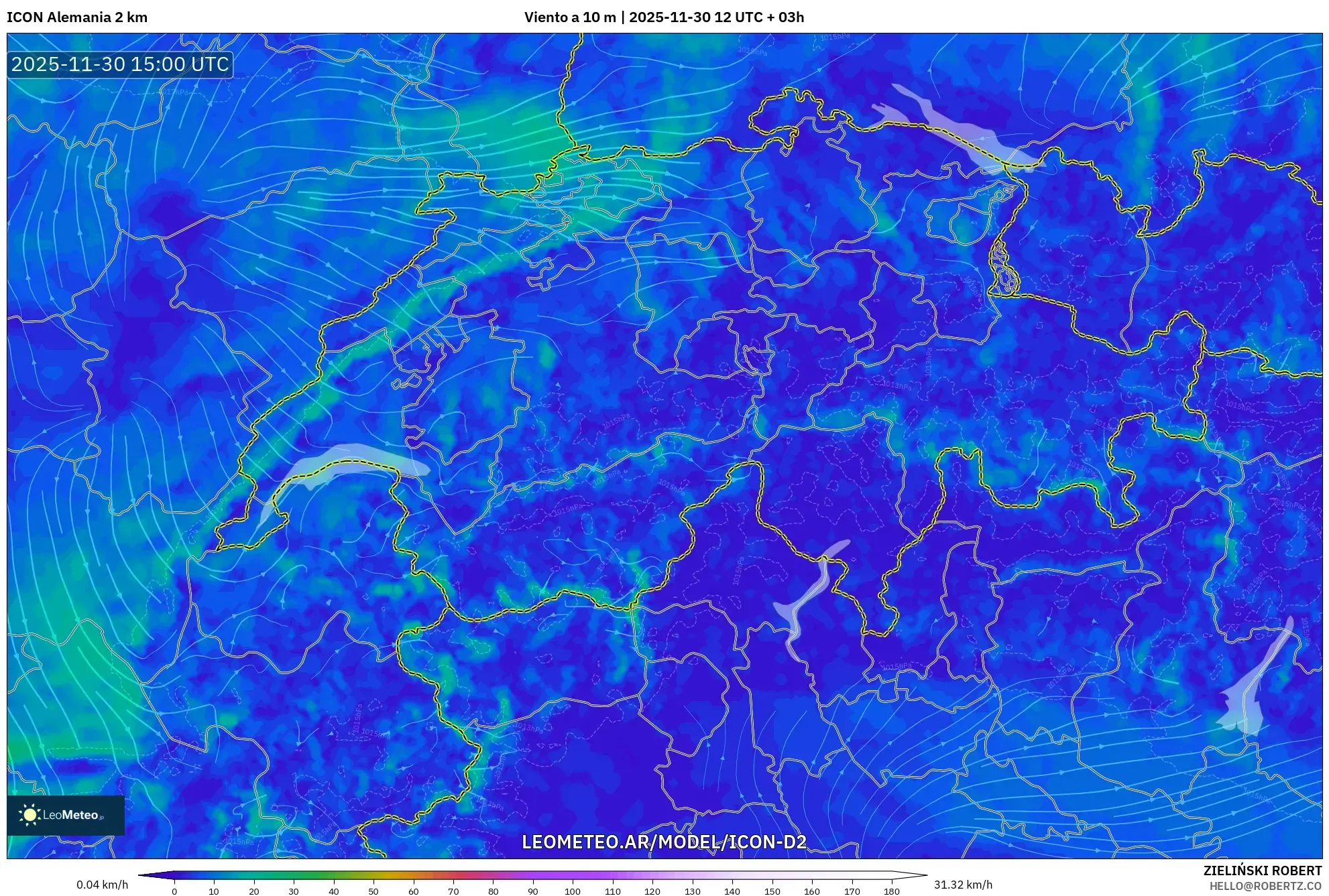 ICON Alemania 2 km model - Suiza, Viento a 10 m