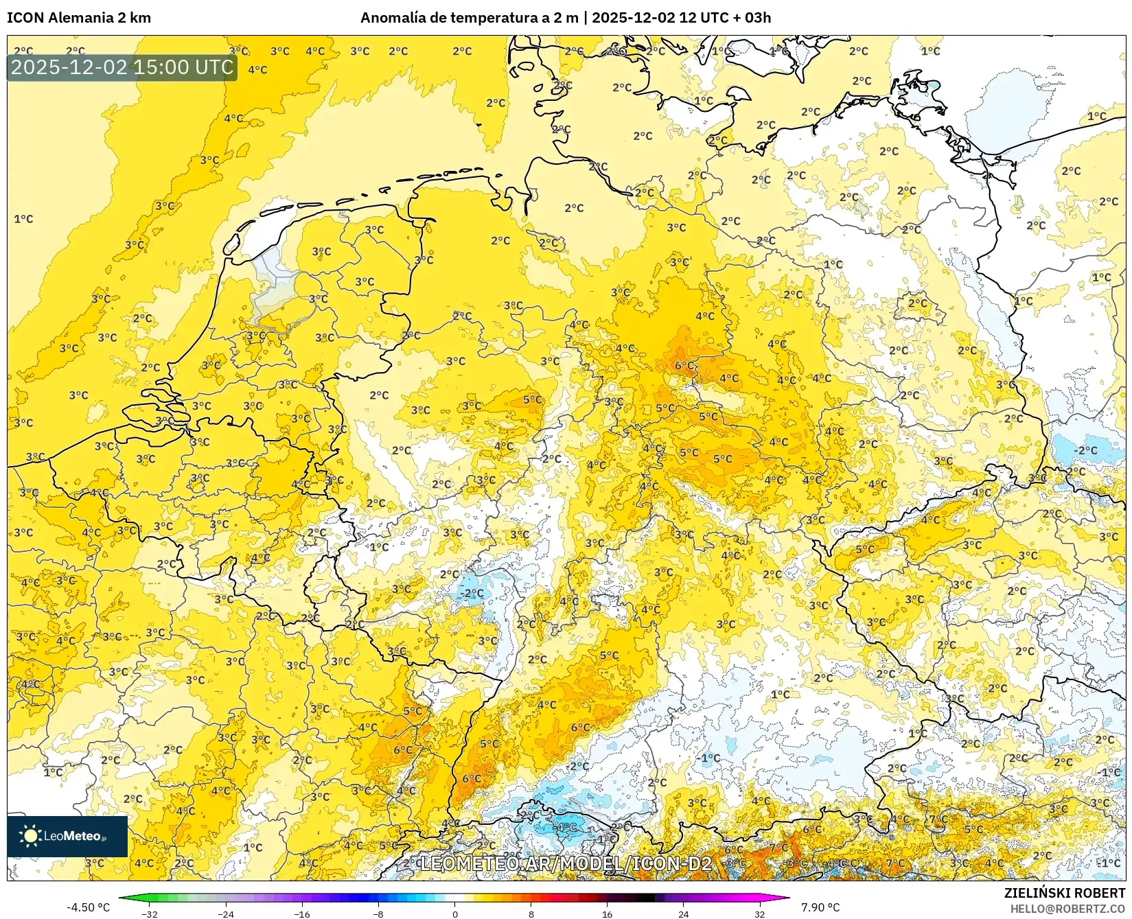 ICON Alemania 2 km model - Alemania, Anomalía de temperatura a 2 m