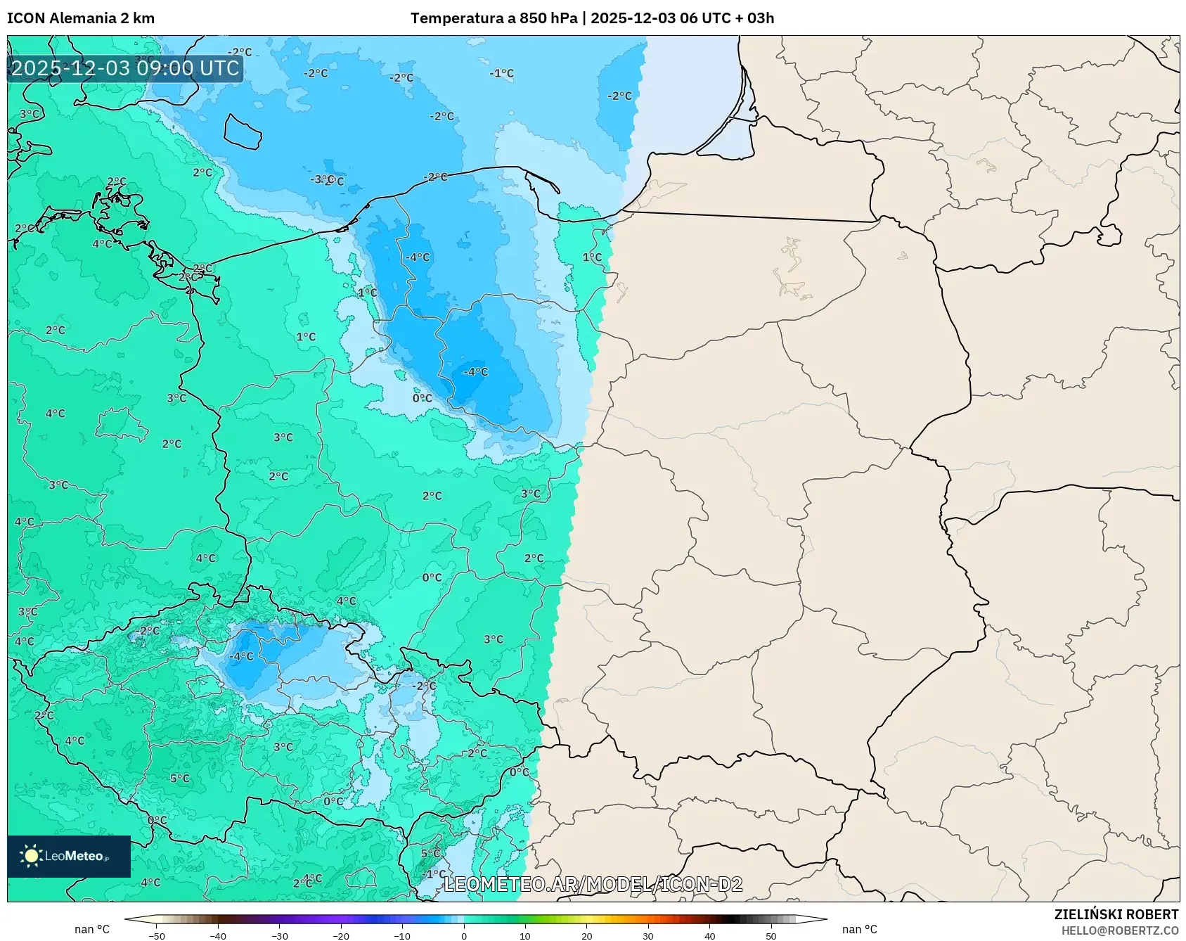 ICON Alemania 2 km model - Polonia, Temperatura a 850 hPa