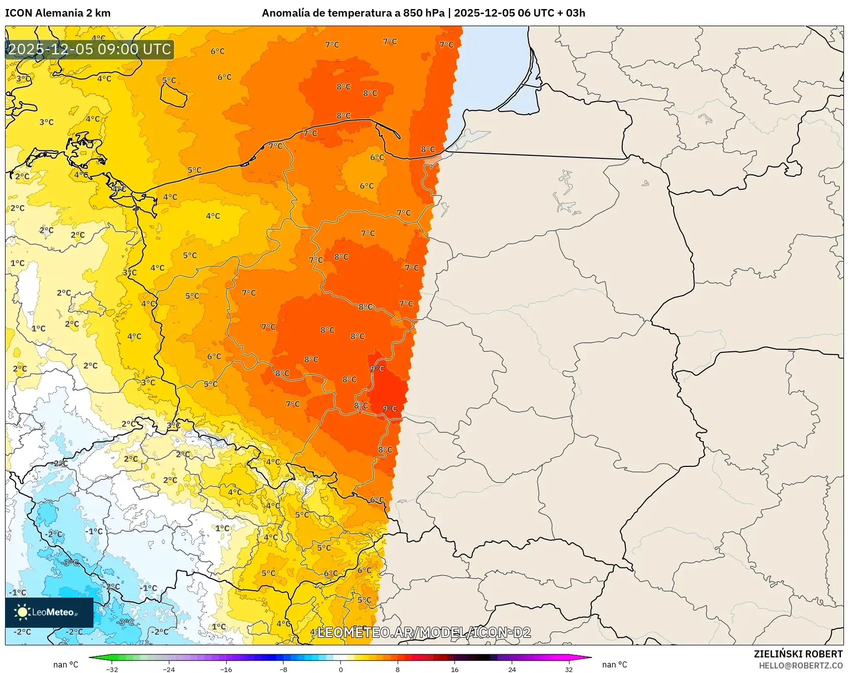 ICON Alemania 2 km model - Polonia, Anomalía de temperatura a 850 hPa