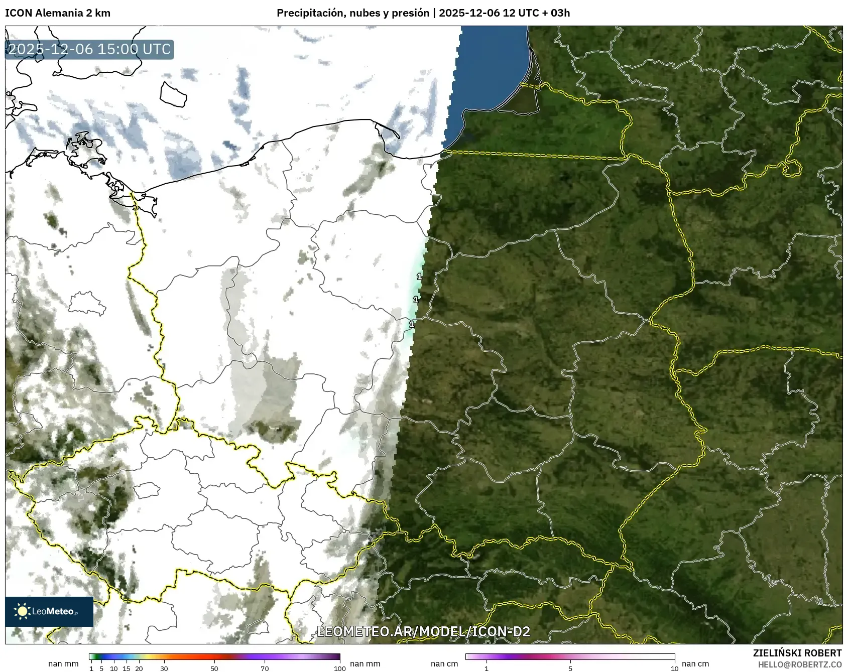 ICON Alemania 2 km model - Polonia, Precipitación, nubes y presión