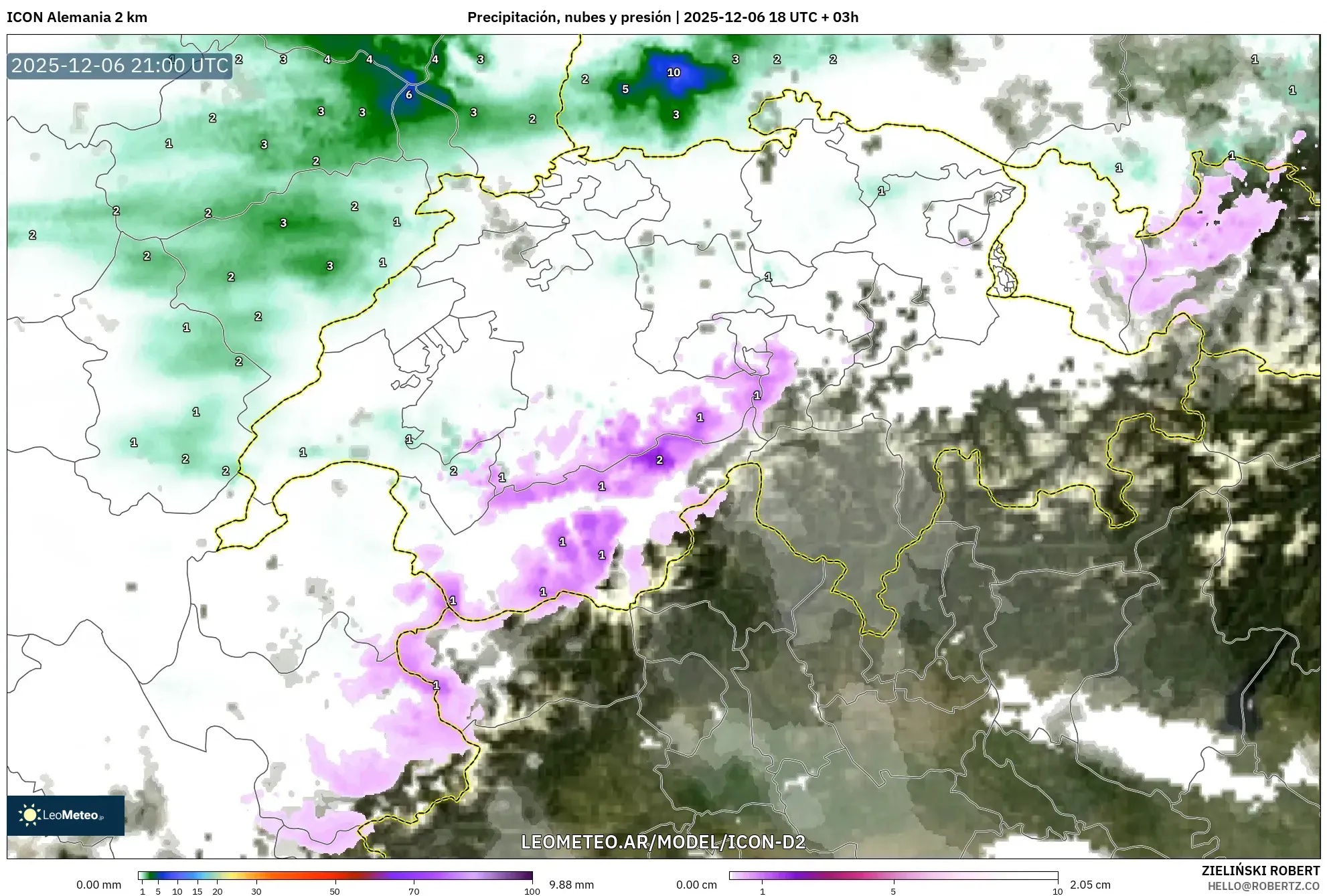 ICON Alemania 2 km model - Suiza, Precipitación, nubes y presión