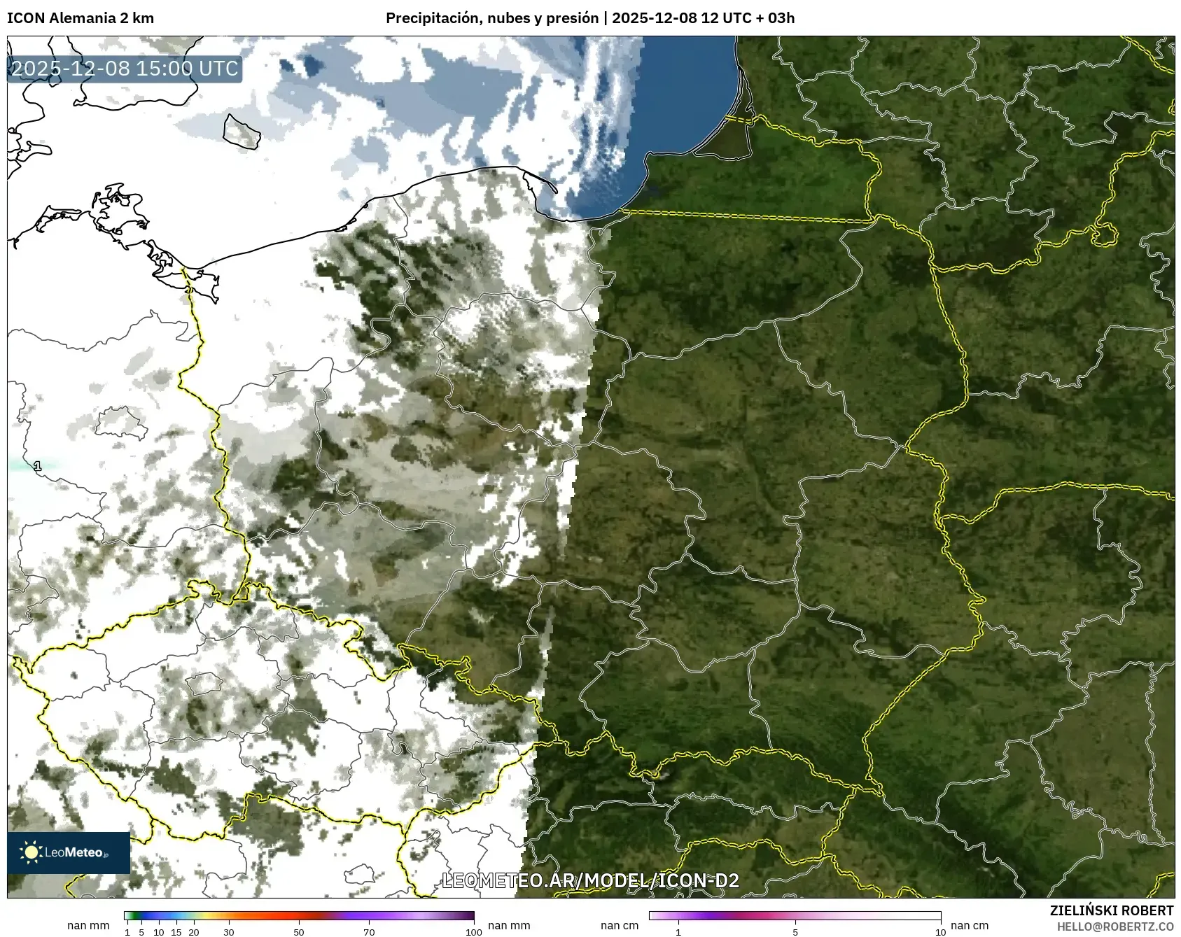 ICON Alemania 2 km model - Polonia, Precipitación, nubes y presión