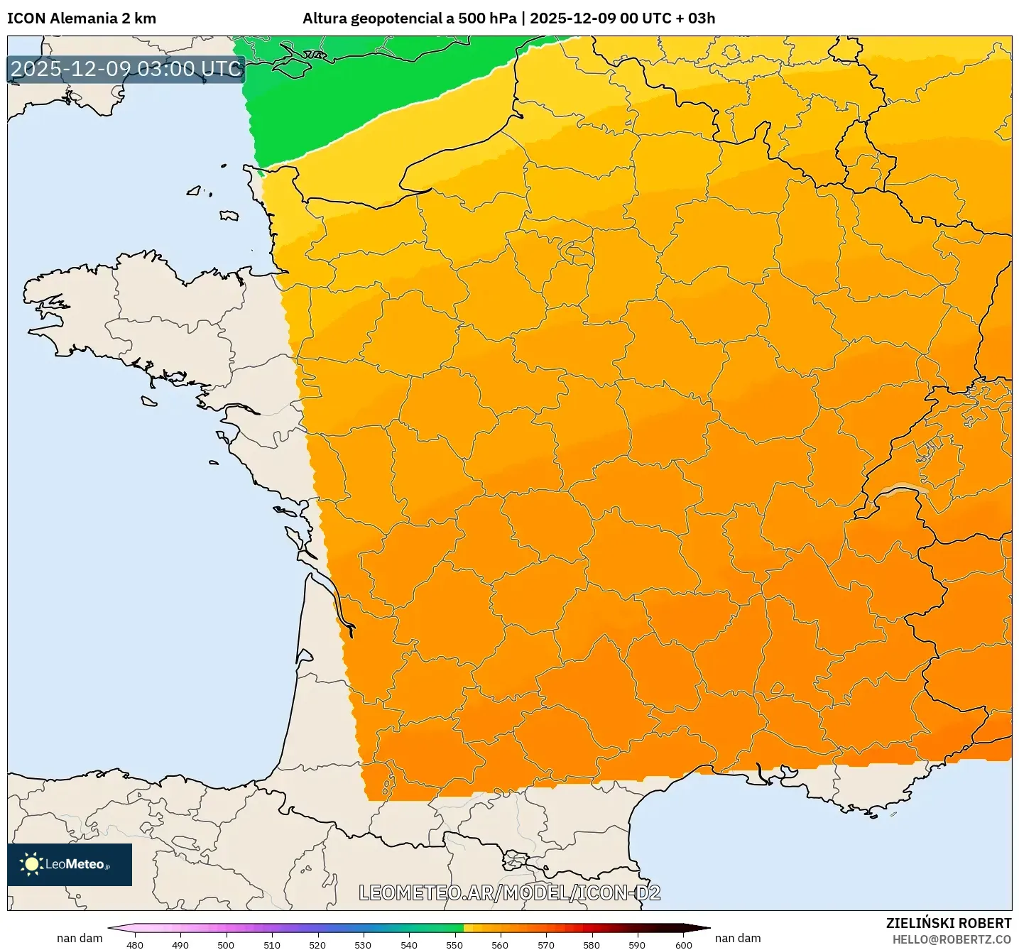 ICON Alemania 2 km model - Francia, Altura geopotencial a 500 hPa