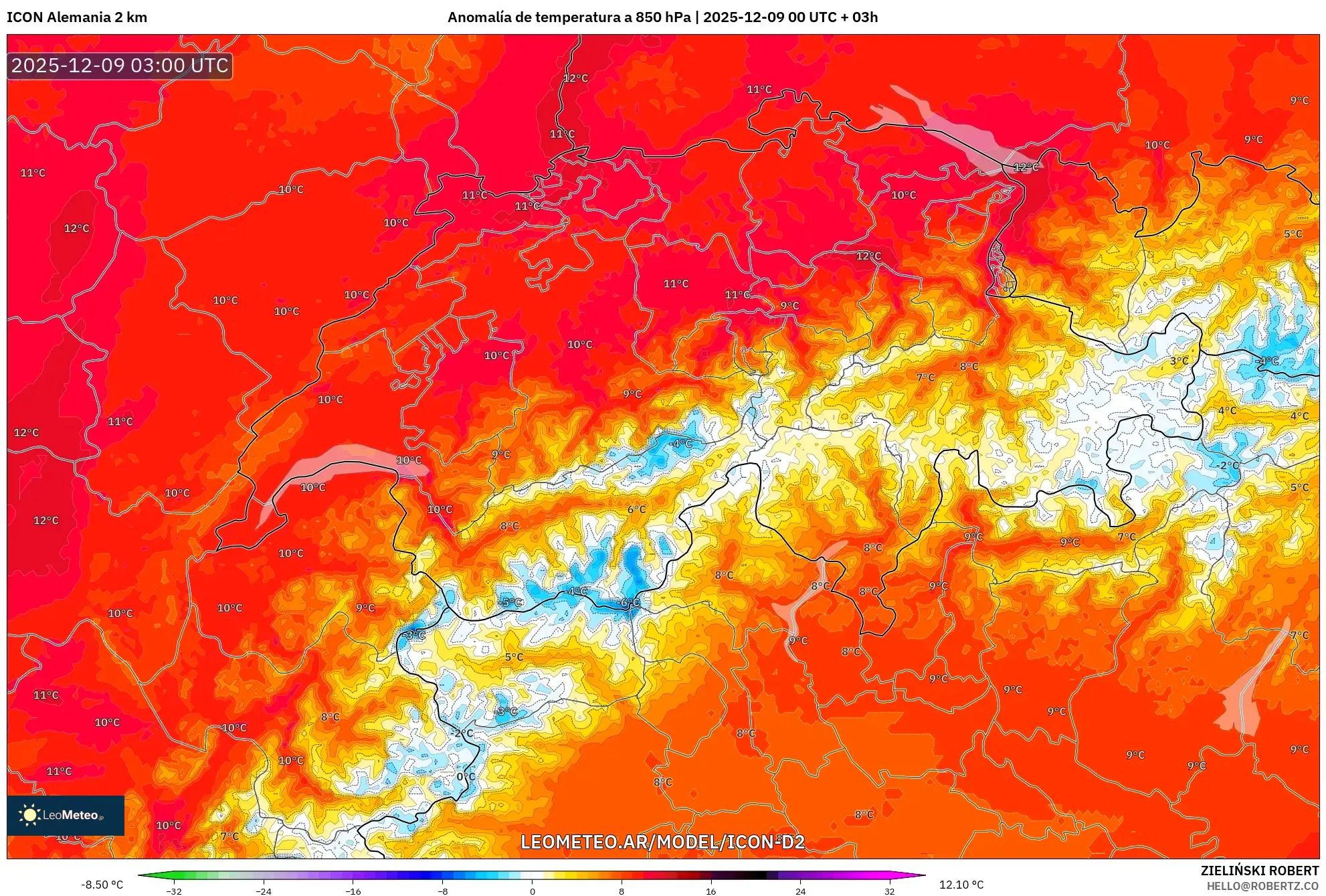 ICON Alemania 2 km model - Suiza, Anomalía de temperatura a 850 hPa