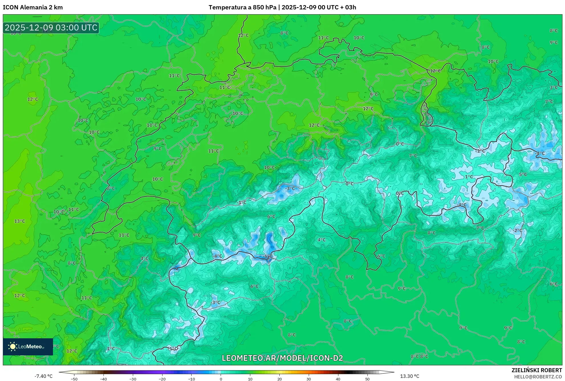 ICON Alemania 2 km model - Suiza, Temperatura a 850 hPa