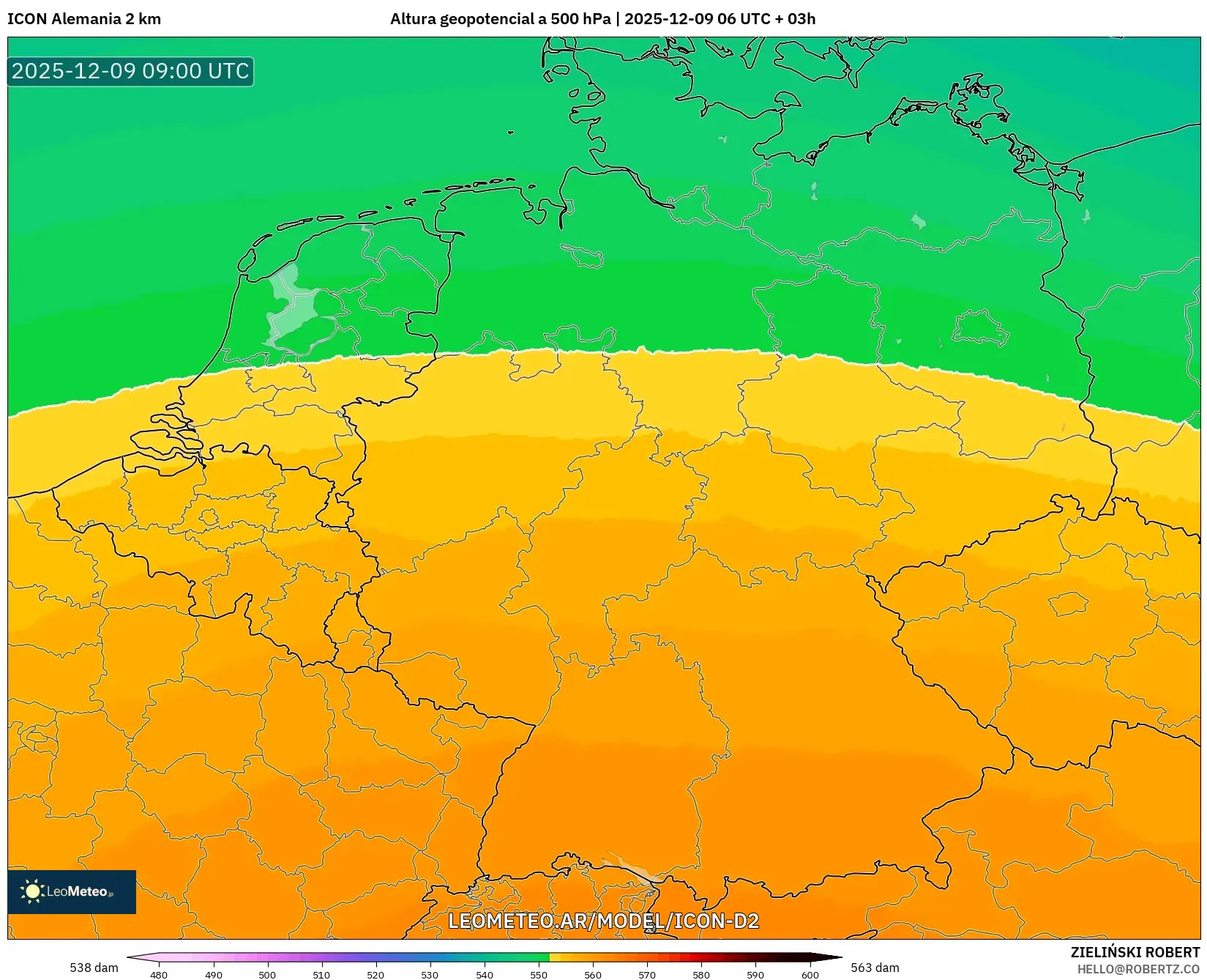 ICON Alemania 2 km model - Alemania, Altura geopotencial a 500 hPa