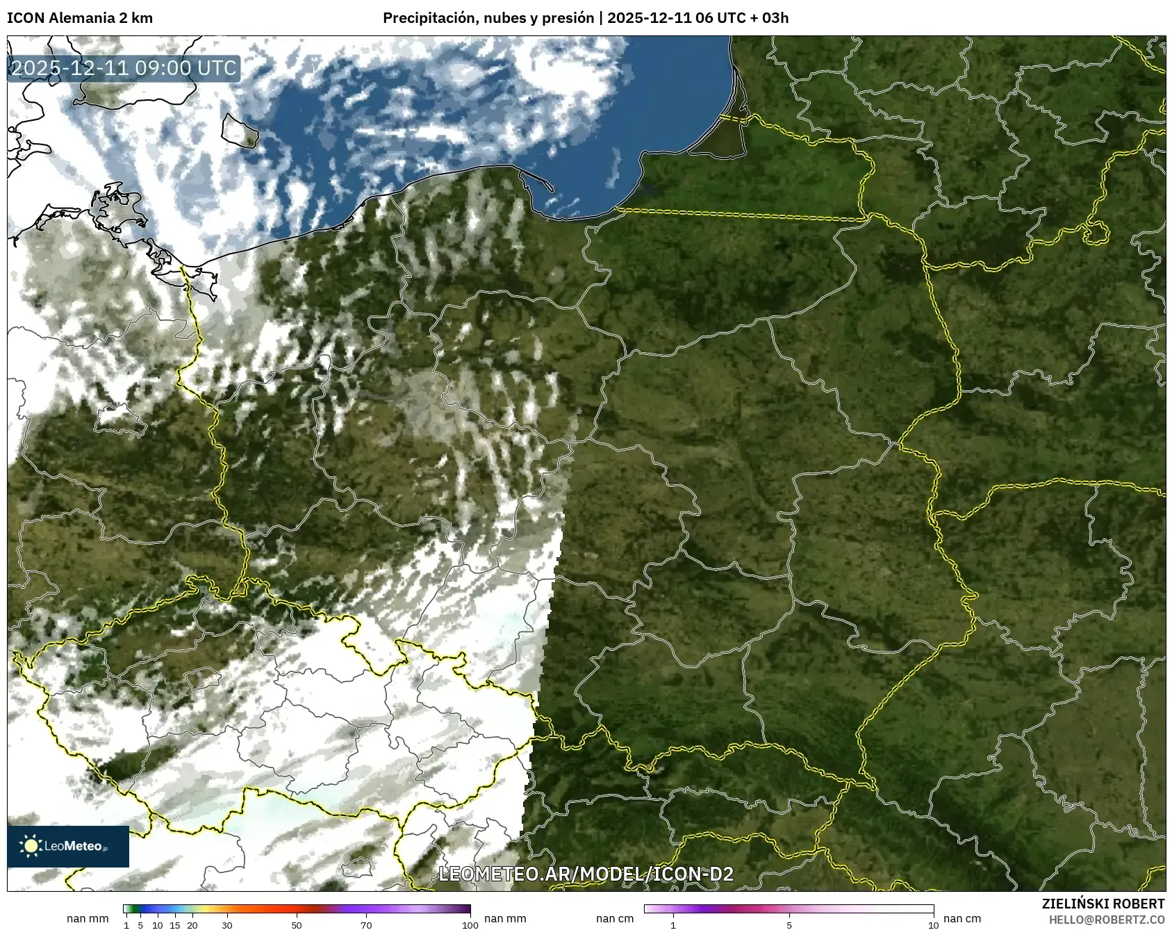 ICON Alemania 2 km model - Polonia, Precipitación, nubes y presión