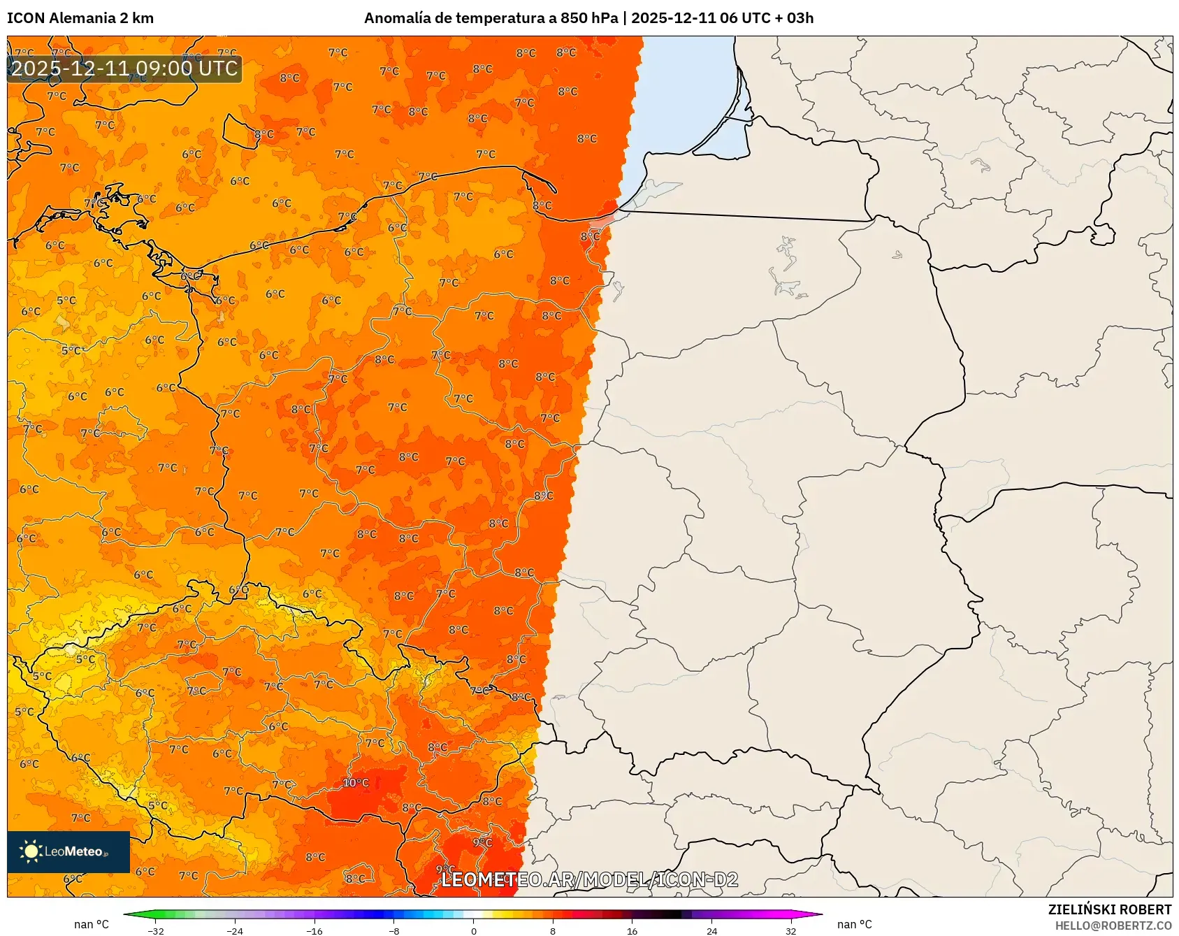 ICON Alemania 2 km model - Polonia, Anomalía de temperatura a 850 hPa