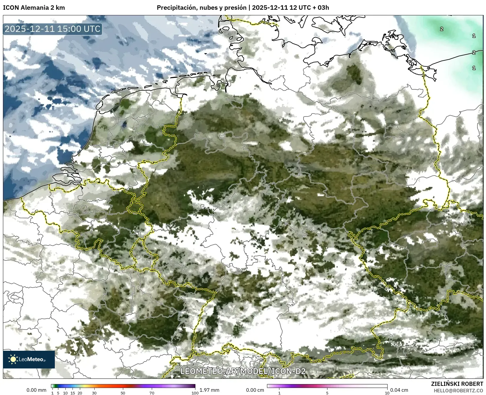 ICON Alemania 2 km model - Alemania, Precipitación, nubes y presión